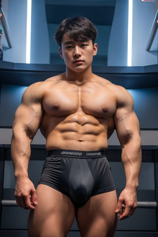 Korean Guy, Permed hair, no top, beautiful face, muscle chest, volume of underwear, birds, big, futuristic, robotic body, boxer tight underwear, 속옷 big 볼륨, Caucasian boxers, thick and muscular thighs, angry body, 속옷에 big 직립 거시기