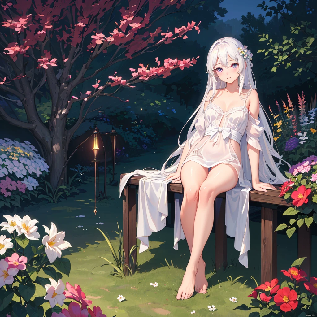 (best quality,4K,8K,high resolution,masterpiece:1.2),Very detailed,(Practical,photoPractical,photo-Practical:1.37),illustration,Soft Light,White hair girl,Deep purple eyes,Glowing eyes,sit down,barefoot,blush,Garden at night,Flowers.dew