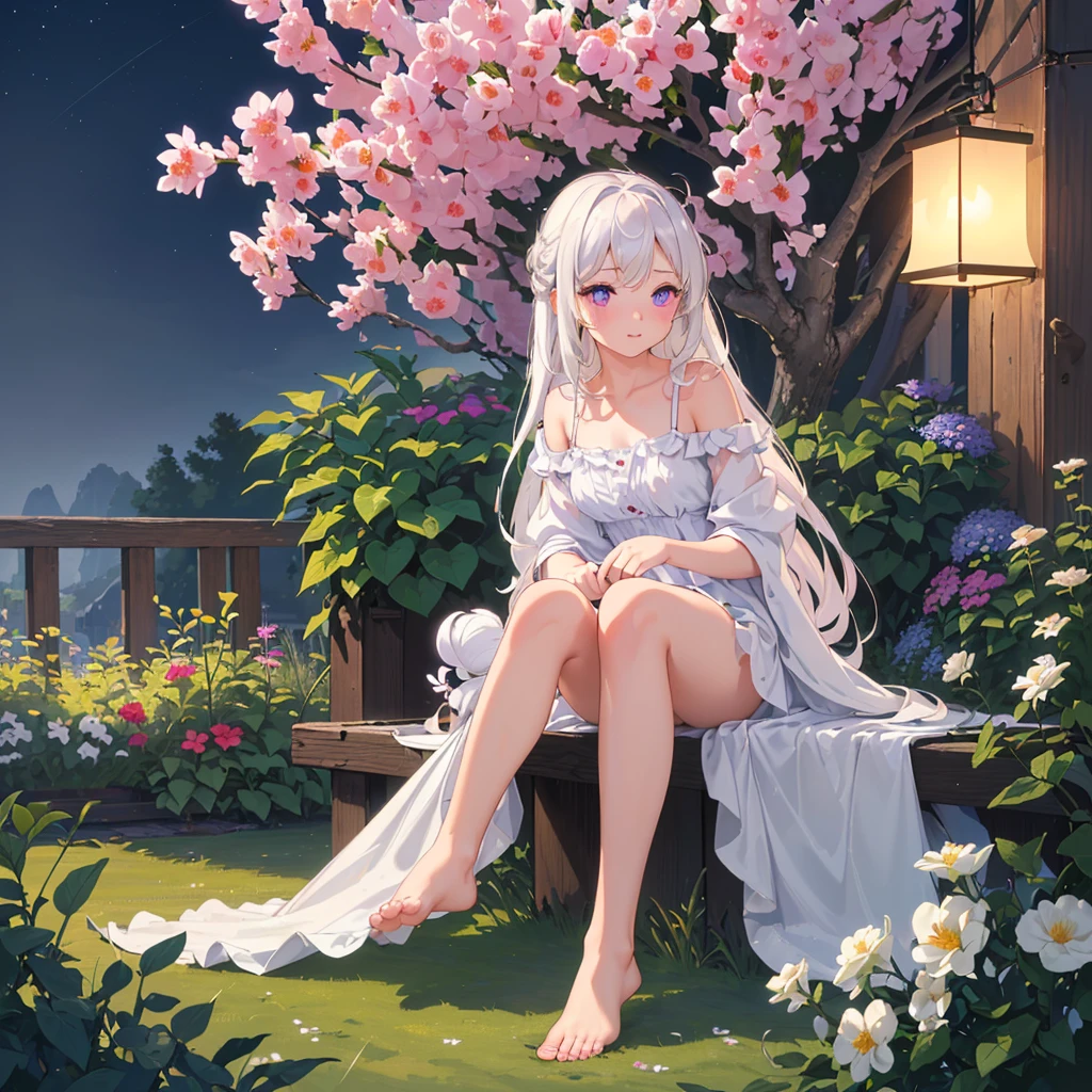 (best quality,4K,8K,high resolution,masterpiece:1.2),Very detailed,(Practical,photoPractical,photo-Practical:1.37),illustration,Soft Light,White hair girl,Deep purple eyes,Glowing eyes,sit down,barefoot,blush,Garden at night,Flowers.dew