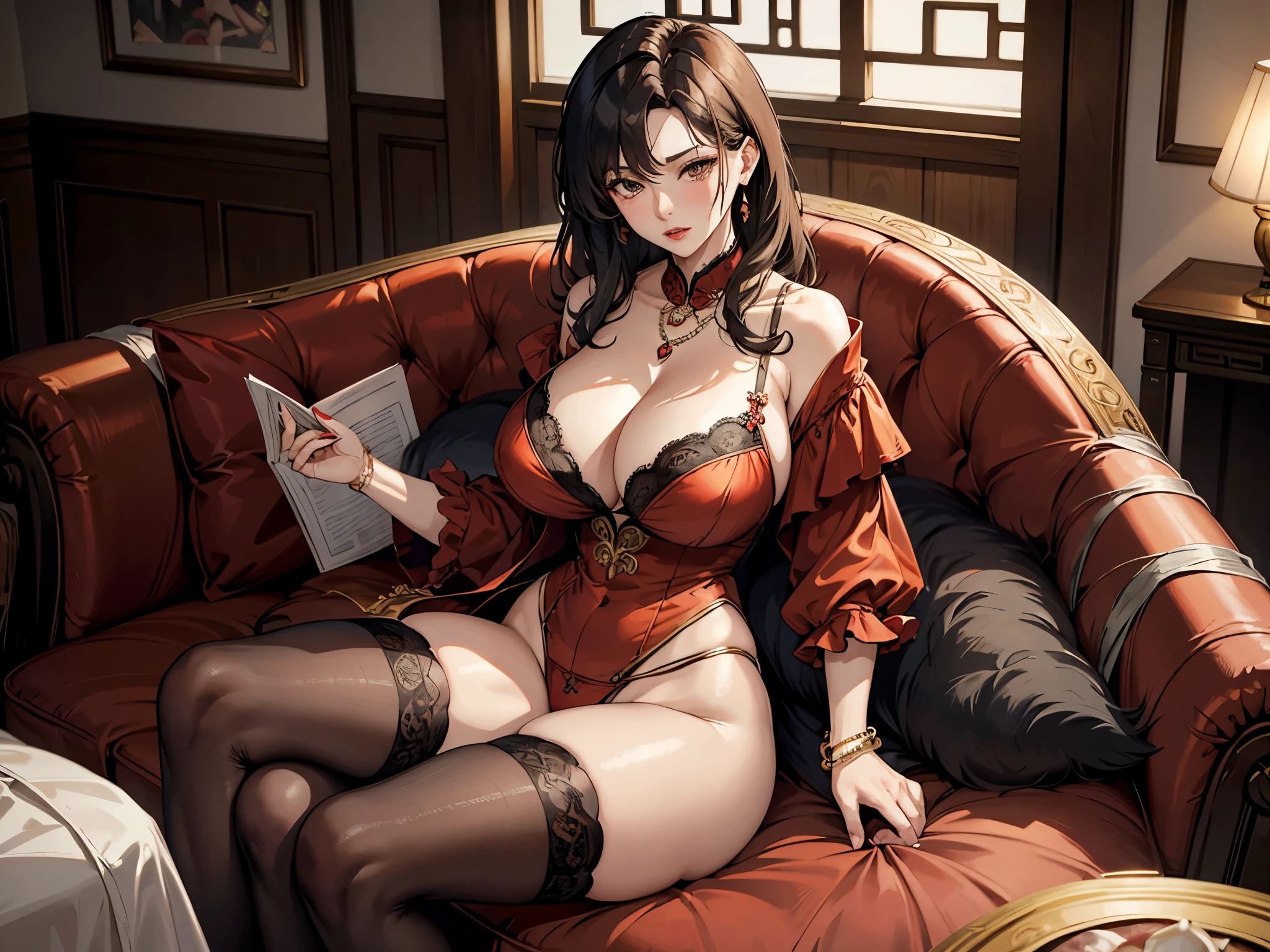 wearing Layered Necklace; a symbol of commitment in the form of a wedding ring graced her finger, while her wrist was embellished by a prestigious branded timepiece alongside delicate bracelets.a mature chinese woman , grey hair,sitting on the sofa ,showcasing her confidence and charm.thick thighs,fleshy thighs,revealing her thighs,big natural breasts,huge round breasts,busty mature woman,supermodel figure,perfect body,Wearing embroidered silk pajamas, with disheveled hair falling across her chest, her appearance is haggard, yet her red lips stand out vividly.She was wearing garter stockings.