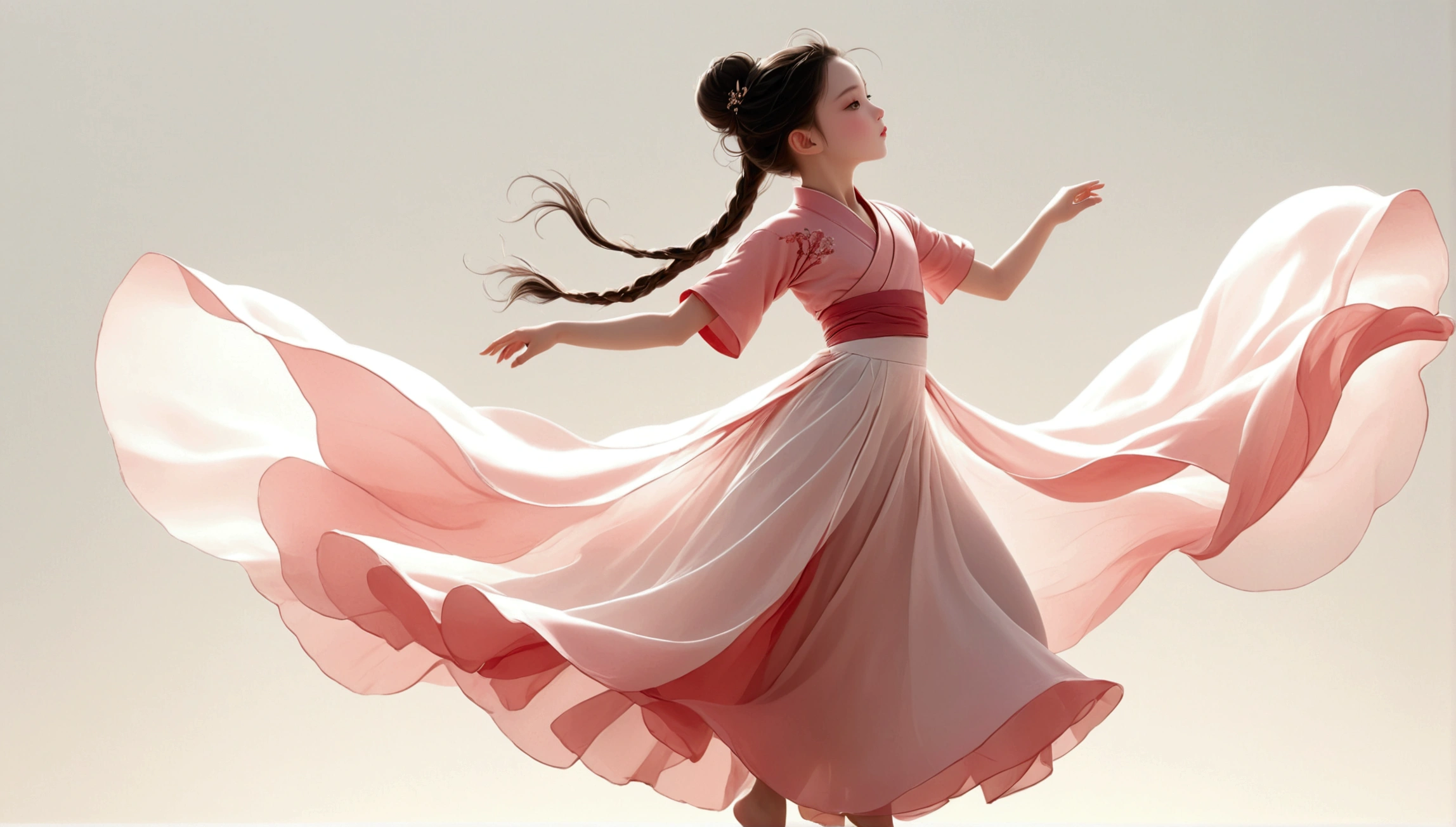 Dance photography;A dancer,Solitary;A little girl in a gorgeous long dress,Princess dress,Chinese style skirt,pink,Conservative style,Smudged skirt hem;The movements of the dance;elegant,Flexible skirt;Long hair shawl。Full body view,front; Simple style;Minimalism。White background,Pure white background;Panoramic photography;Depth of Field, Extraordinary details, masterpiece, high quality, 4K,cinematic lighting, motion blur, depth of field, sparkle, ray tracing, reflection light, anatomically correct, uhd, textured skin, best quality, super detail, highres, high details, accurate, high quality, award winning。