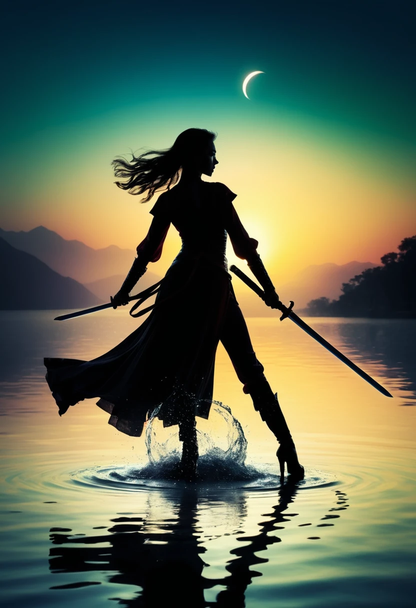 (Silhouette of a female lead dancing with sword:1.5),Anatomically correct,Glowing sword,(Movement posture),Hold the hilt of the sword,1 sword,Solitary,On the Lake,High contrast, light, Mysterious atmosphere,, ripple,(Splash;1.4),A moon,Motion Blur,swordsman,effort,Black silhouette,Shining Jade Blade,