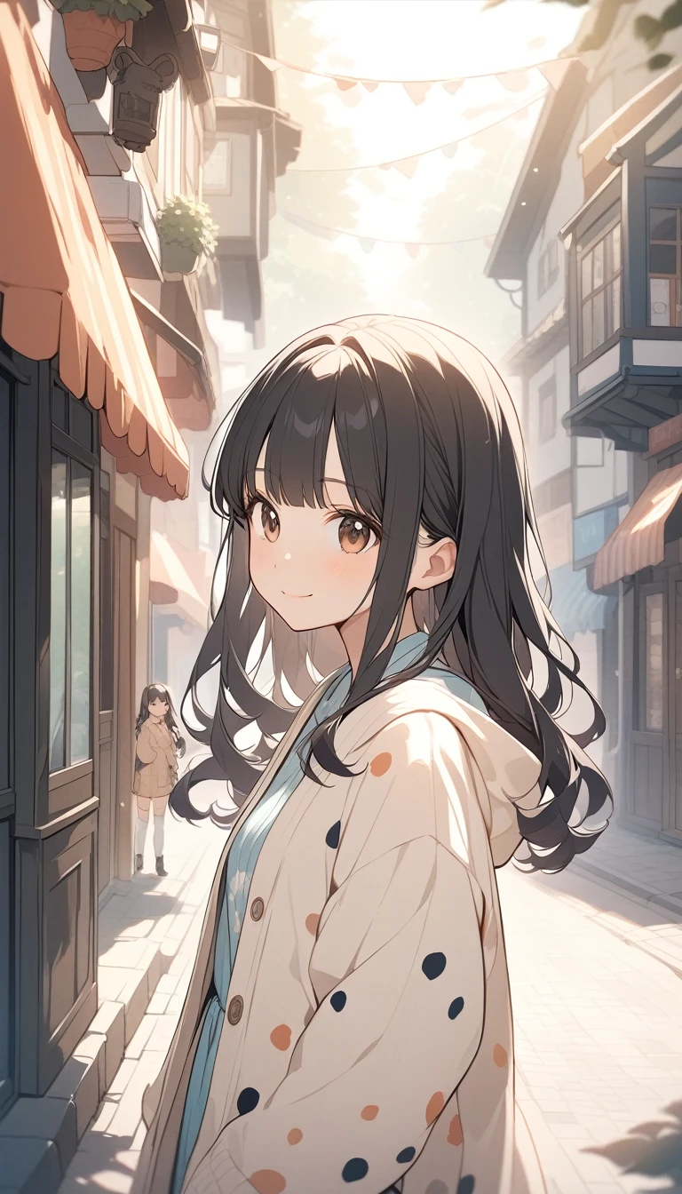 Anime Style, Very detailedなイラスト, Very detailed, beautiful, 8k, ( alone), So cute, smile,｛Plain,Plain cardigan｝, (Outdoor, Town Street) ,Black Hair,Long straight bangs, smile,Brown eyes, , Please raise your hand, From the side ,(Spotted sunlight:1.2),Blurred,(Written boundary depth:1.1),Tilt your head,(Thigh-high socks:1.3),(Upper Body:1.3)
