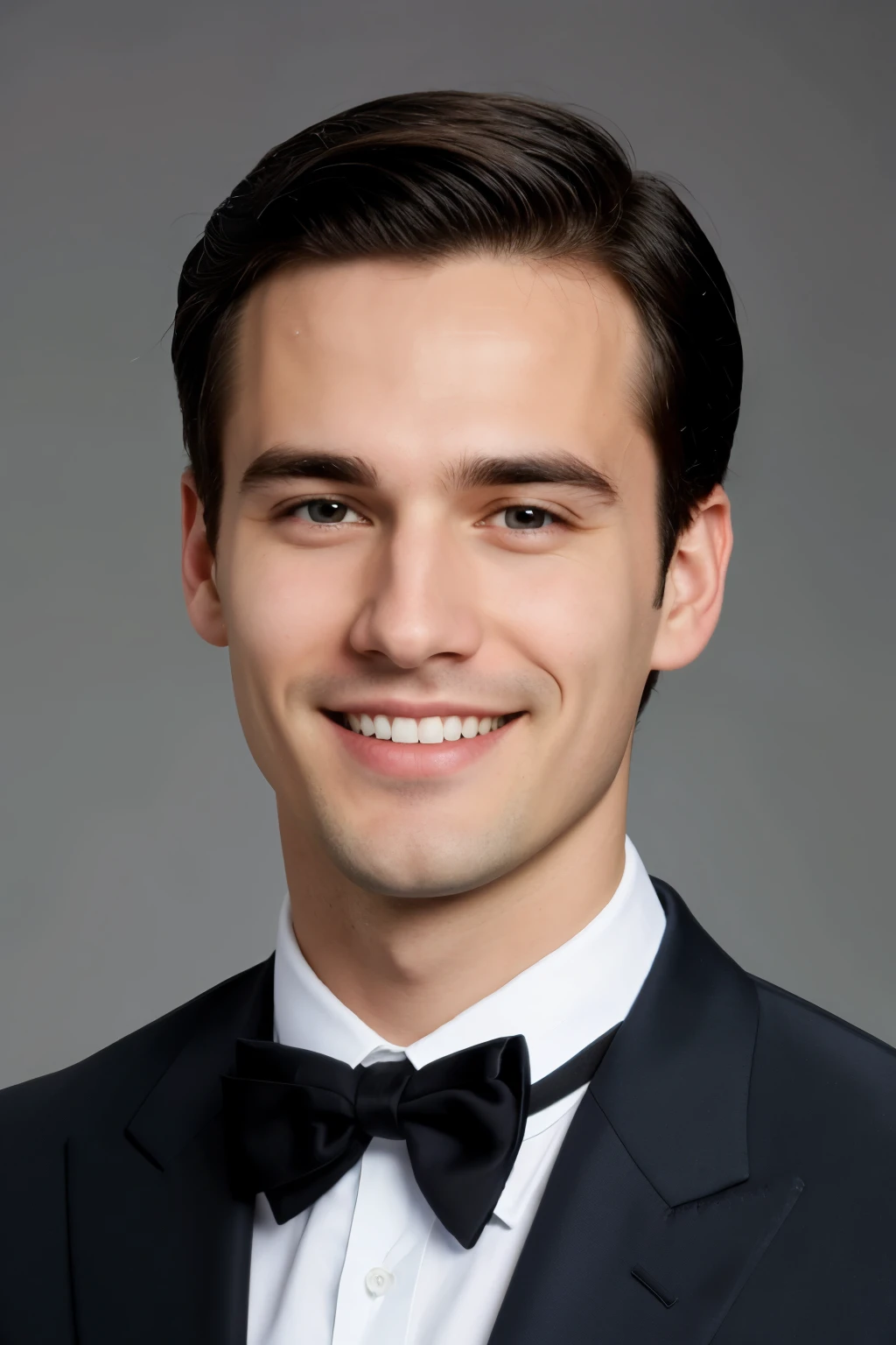 face of young white guy with an elongated face with big smile, black hair, without glasses, with gray eyes, straight and long thin nose, without beard, without mustache, in black-blue suit