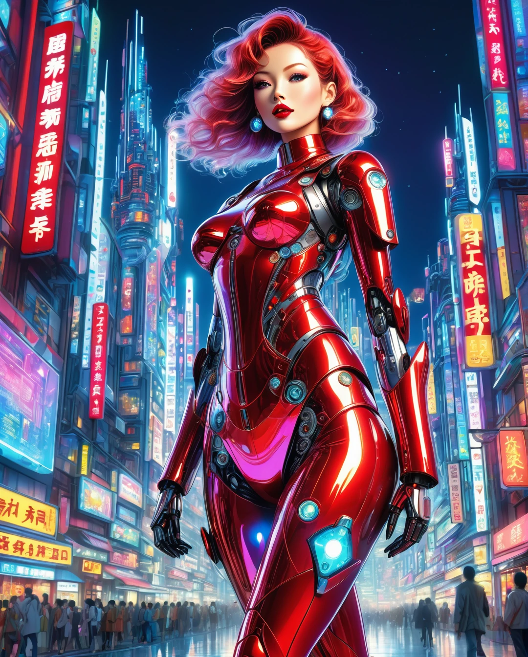 (gentle robotic) woman, (masterpiece), intricate details, retro, ((1999s anime)), ((best quality)), (bright colorful future city at night), (radiant long leather straps) iridescent [holographic metal tight], red buttoned device, iridescent metal, (diamond futuristic) jewelry, (red lips), translucent, tall thin, extremely detailed, covered, dynamic pose