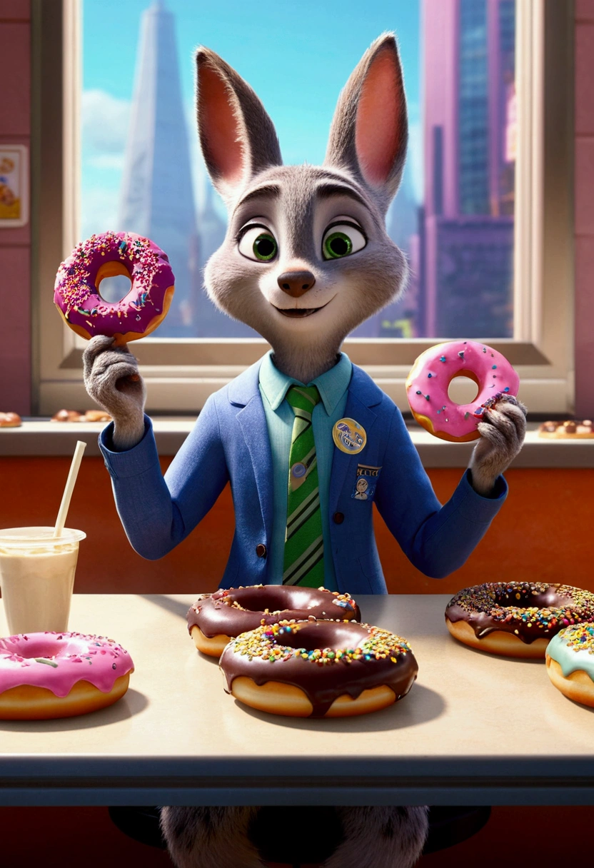 Eating Donuts, by Zootopia, full body, cinematic still, (best quality, masterpiece, photorealistic), very aesthetic, perfect composition, intricate details, ultra-detailed, vivid colors