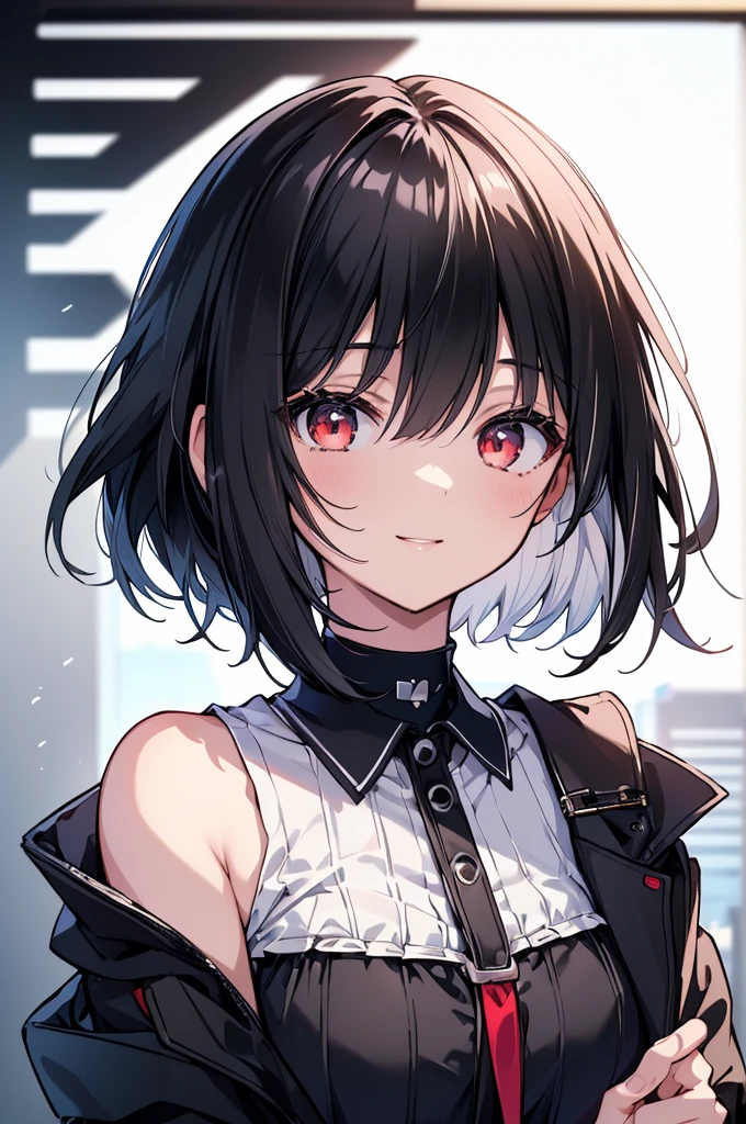 (masterpiece, highest quality, highest quality, (No text), Beautiful and aesthetic:1.2),No text,アニメ、BREAK,One Girl，Black Hair Girl　short hair　older sister　choker　Beautiful eyes　Red eyes　cool　smile　Looking to the side　Black and white　Black jacket　mini skirt　Whole body　In town