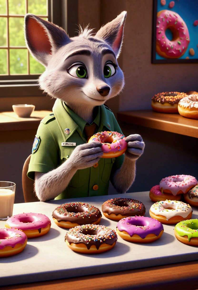 Eating Donuts, by Richard Scarry, full body, cinematic still, (best quality, masterpiece, photorealistic), very aesthetic, perfect composition, intricate details, ultra-detailed, vivid colors