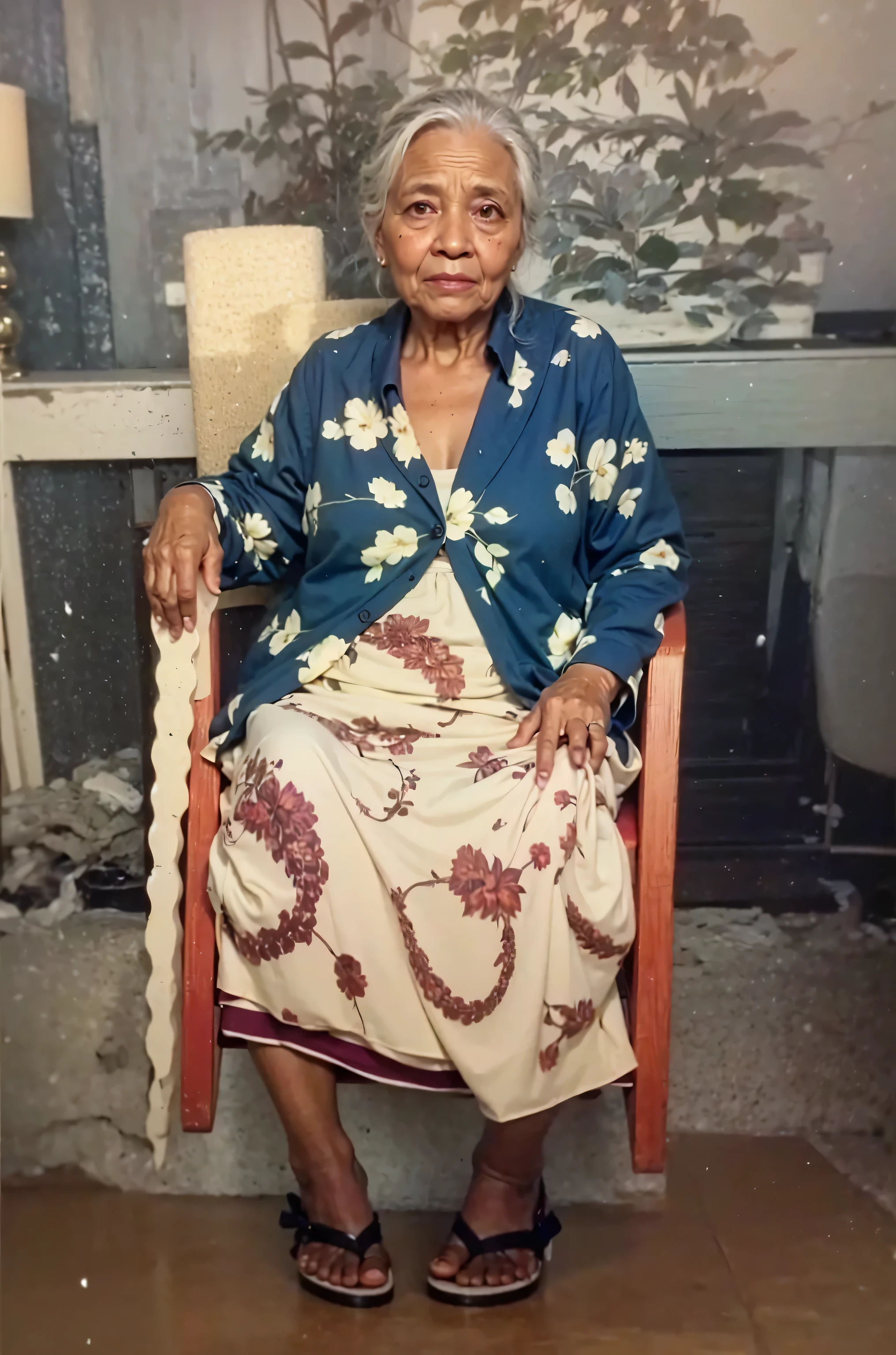 Make this photo realistic and detailed, there is a woman sitting in a chair with a red chair, 8 0 years old woman, an old lady with red skin, old damagaed polaroid photo, an old lady, photo taken in 2 0 2 0, old picture, potrait, photo of a woman, she is about 8 0 years old, old lady, old woman, old photo, fix old photo, very detailed potrait, realistic portrait photo, close up potrait, profile portrait, very detailed face, very realistic face, very perfected face, very detailed clothes, very realistic clothes, very perfected clothes