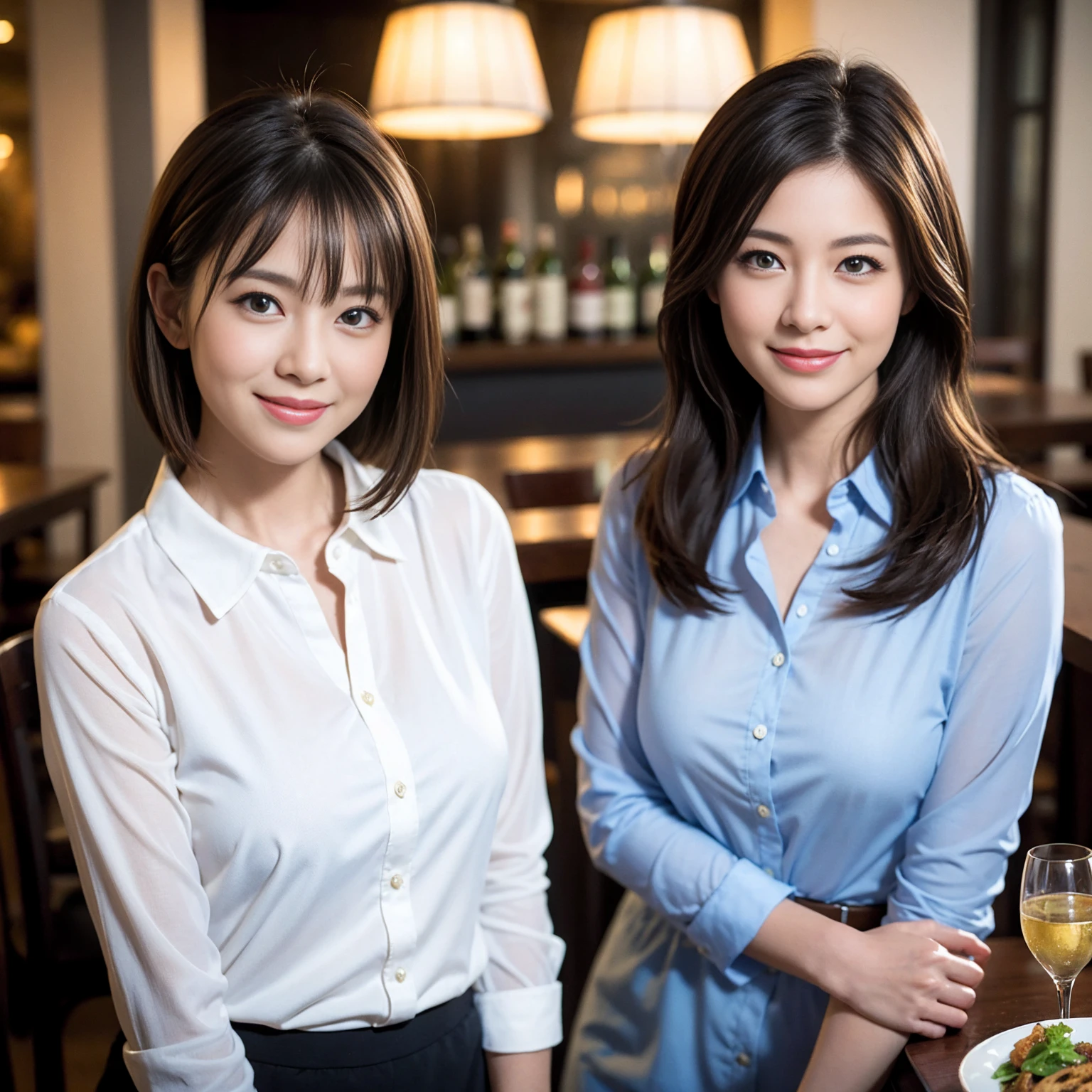 ((Highest quality、8k、masterpiece:1.3))、slimカップル、Pink rubber、modelカップル、(Realistic, Intricate details:1.2), full-course dinner、wine 、Amazing view of the sunset sky and clouds、A bright smile、The wonderfulness of smile、Bright image、wineの美しさ, Beautiful Face, blue eyes, The light shines on your face, blush, short hair,Bright Face、 (Age 37), 39 years old, 赤wine 、Appetizers、Italian food、wine bottle、Champagne、スパークリングwine、Two beauties、Brown Hair、Shortcuts、Long sleeve shirt、dress、Beautiful woman 1, (slimな顔), (The body is slim), (Brown Hair), (Shortcuts), cheeks turn a little red,Attractive beauty、restaurant, In a prominent place (From the waist up) Nova Frog Style, actress, model, Upper Body, 白wine, slim, wineグラス, 中央に置かれたwineグラス, smile, (smile: 1.15), Beautiful fine grain, Depth f/2,saturation, High Contrast, Strong light and shadow,Moist Body:1.5、3D texture、Delicate eyes、Brown Hair、The hair is very shiny、