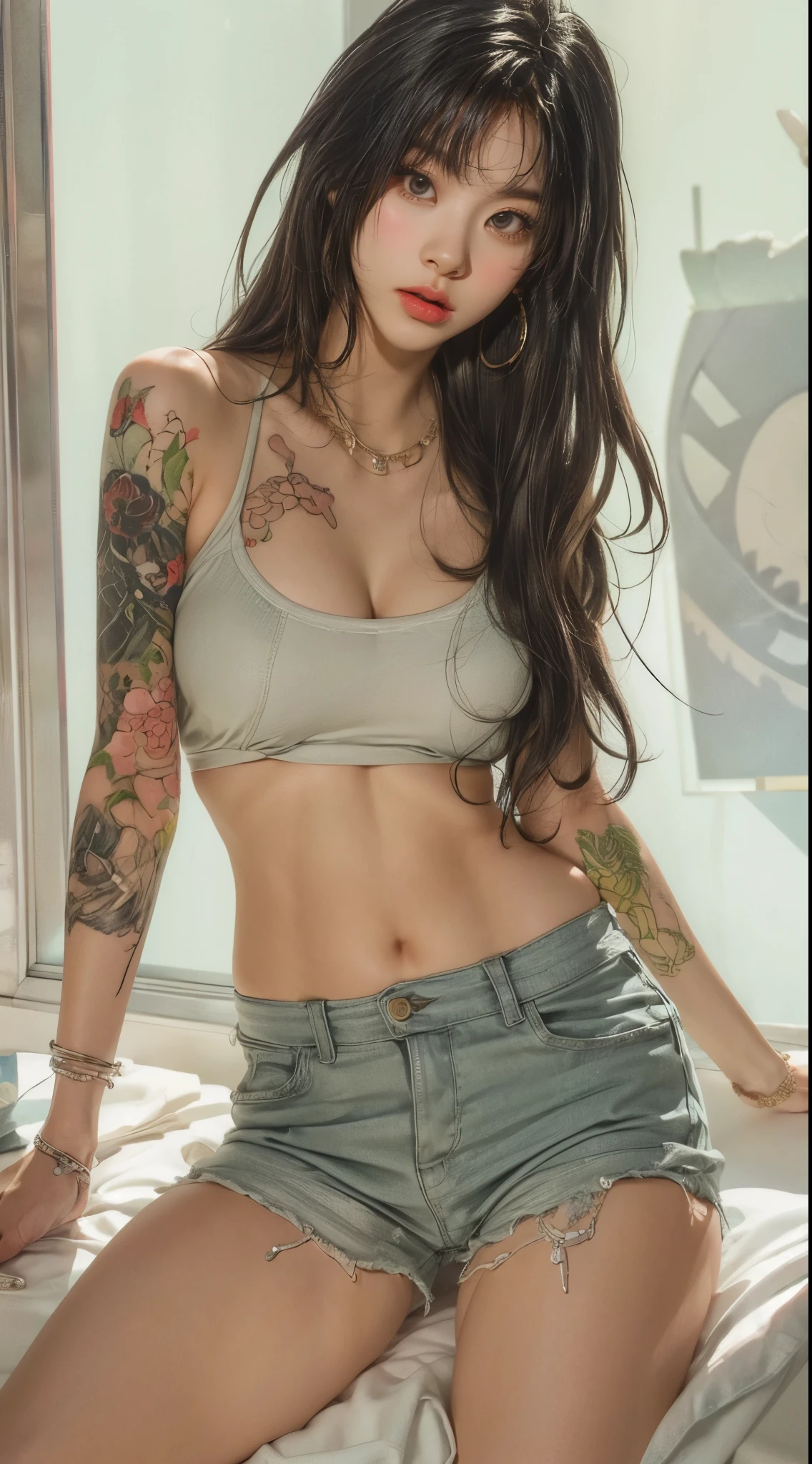 (best quality, photorealistic, ultra-detailed), perfect body proportions, slim fit, (huge breasts:1.3), beautiful woman, asian, tattoos, photorealistic, fantasy, comic, manga, anime