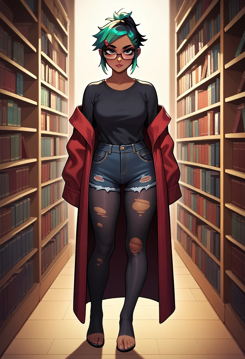 bright green hair, and a ponytail, library, bookshelf, glasses, character full body portrait, full body, a character portrait, dark red Hogwarts robe, black shirt, female emo art student, black jean shorts, black pantyhose, black hair pins, dark skin, torn black shirt, full body character portrait, inspired by Eiichiro Oda, stirrup leggings,