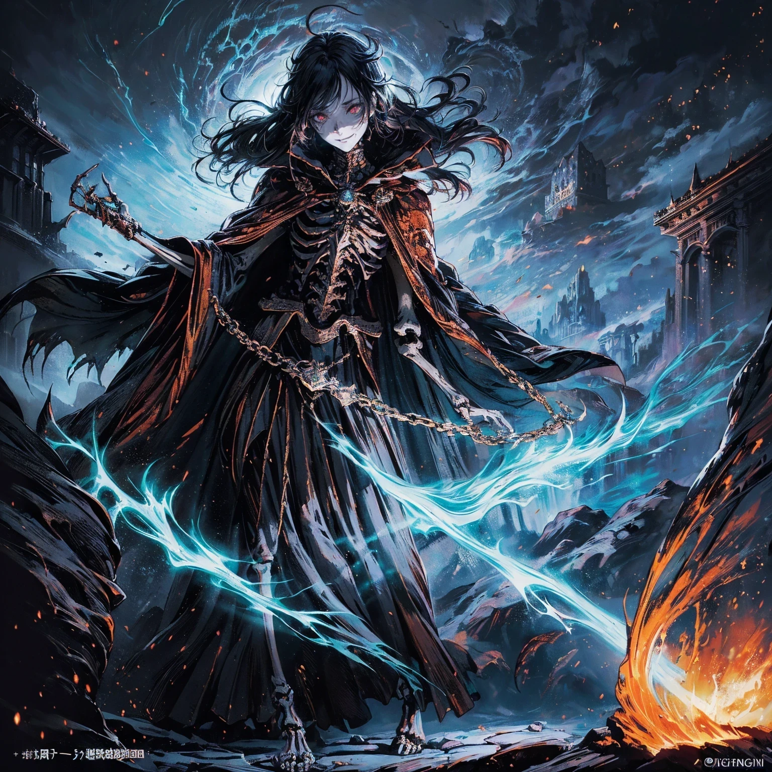 (full body shot:1.5), (Wide-angle lens:1.2), (black hair:1.5), best quality, 4K, high resolution, (masterpiece:1.2), Very detailed, (current:1.37), (Anatomically correct:1.2), Mood lighting, Undead girl in a long cloak, (Torso and limb is skeleton bone but head is still beautiful human face:1.2), Wearing a tattered gothic skirt, A sense of alienation, Dangerous sneer, Smiling and crying, Dark Force (StarWar), Force lightning radiates from fingertips, Facing the camera, Pitch black sky, Blood red moon, strange atmosphere, Gothic style, Unforgettable beauty, Dramatic shadows, Ethereal Light, Mysterious atmosphere, Resurrection from the grave, The Black Magic, Dead, Anime characters with black hair, Detailed cover design, Anime epic artwork, detailed key anime art, Be focused, dark fantasy artwork, Anime Fantasy Artwork, Official artwork with high detail, Dark Witch Panorama, Lich Vecna (d&d)
