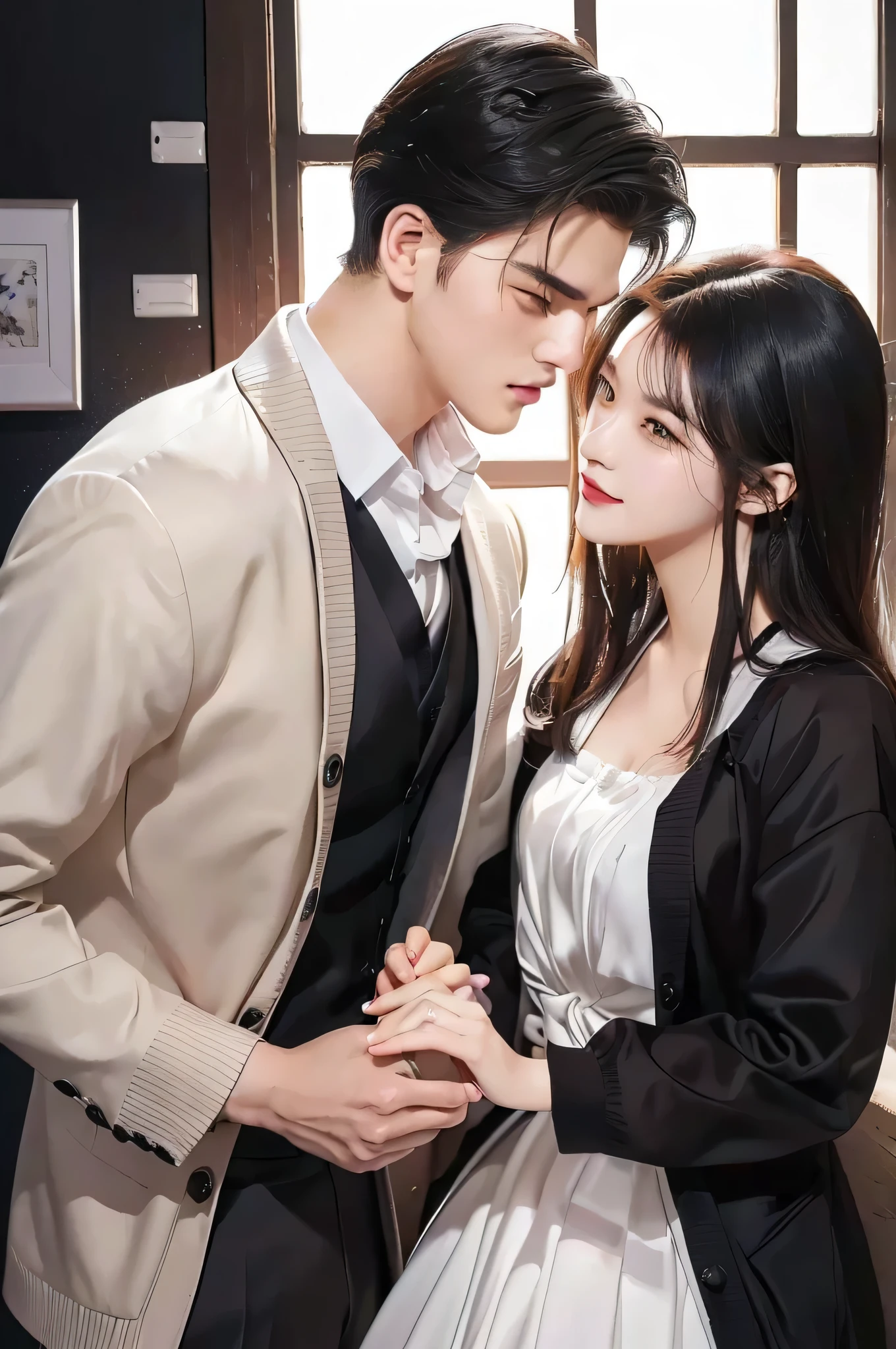 Animation - stylized images of men and women in suits, comic book, High quality fan art, lovely couple, sakimichan and frank franzzeta, couple pose, official fanart, Guweiz style art work, Kissing cutely together, popular on cgstation, [ 4k digital art ]!!, sakimichan