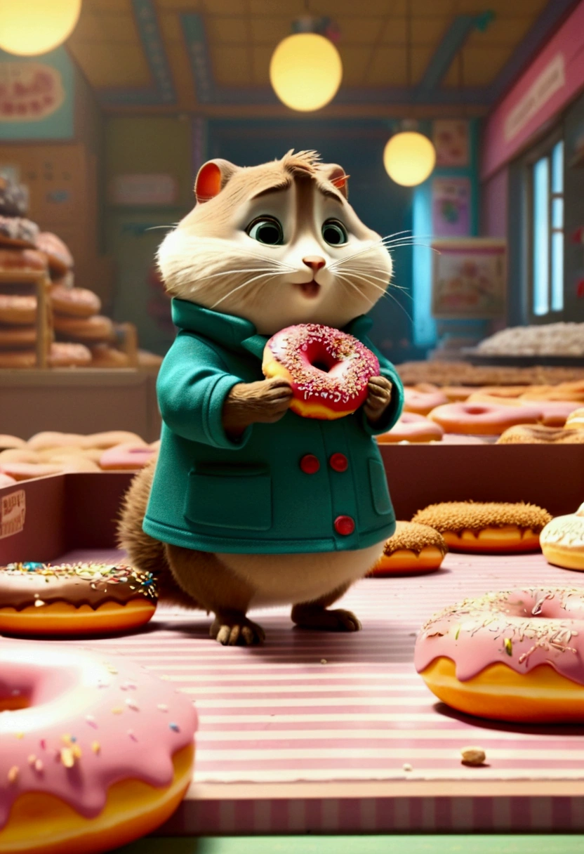 Eating Donuts, by Ernest and Celestine, full body, cinematic still, (best quality, masterpiece, photorealistic), very aesthetic, perfect composition, intricate details, ultra-detailed, vivid colors