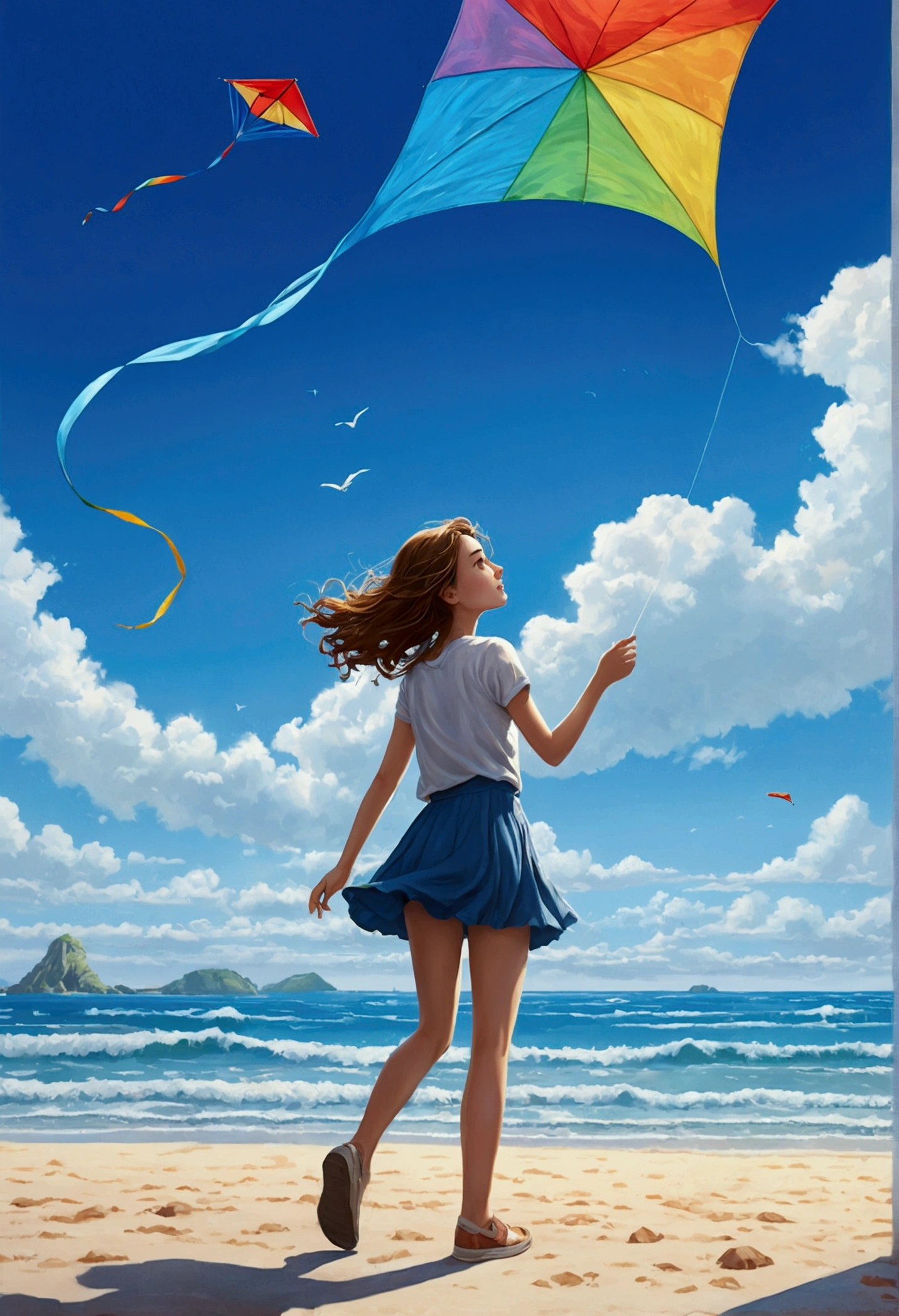 1 girl,alone,blue sky, Ocean, Short skirt,I&#39;m drenched in sweat、Midsummer、A kite is flying in the sky (Highly detailed background:1.0), (Highly detailed background:1.0),