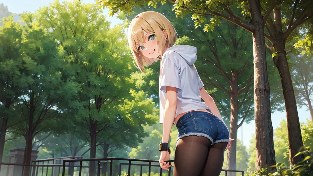 One girl,14 years old,Blonde,Short Bob,hoodie,Denim shorts,black tights,A cheerful smile,Green Eyes,outside,Sunlight filtering through the trees,Lush,Sun light,