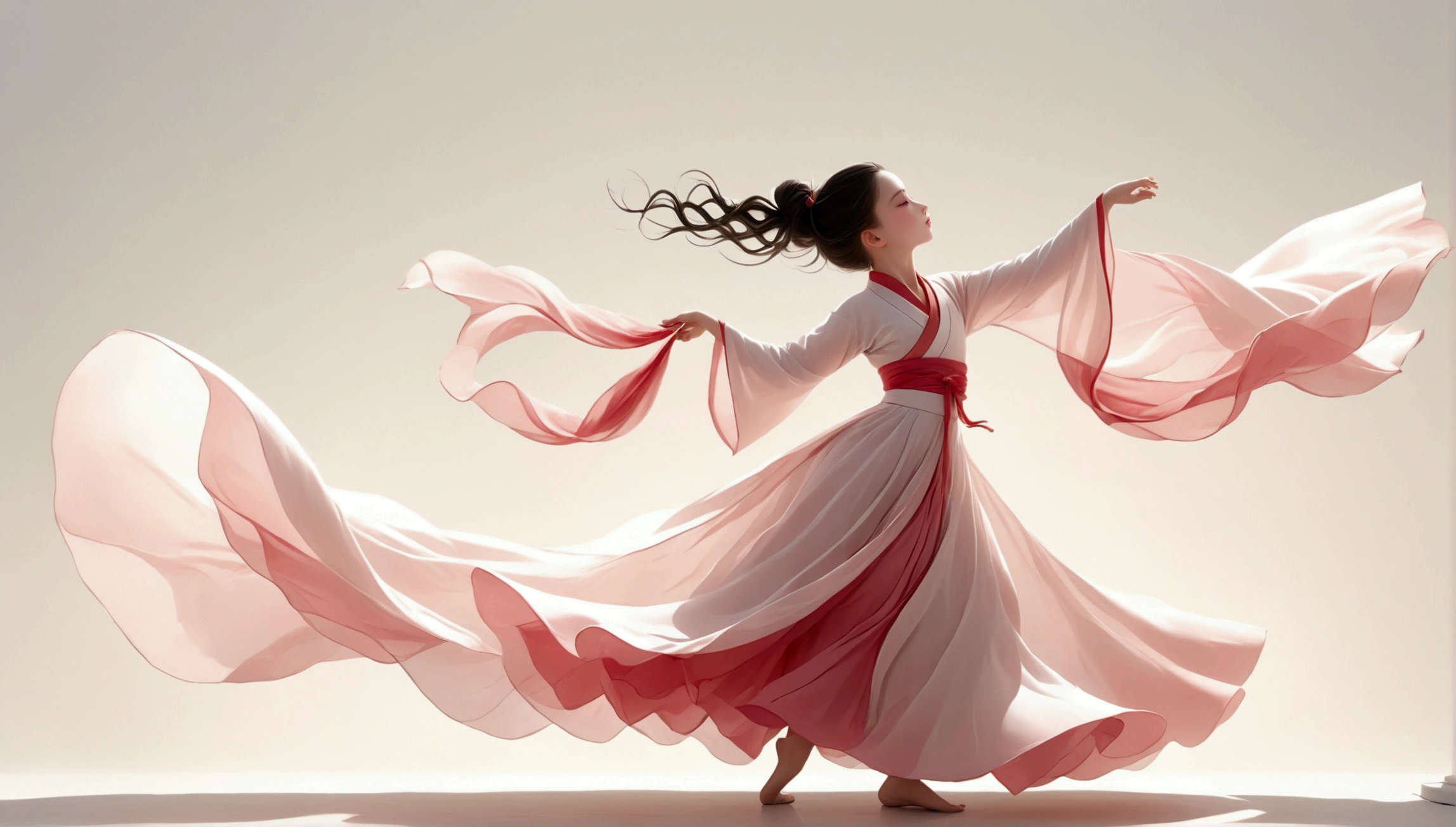 Dance photography;A dancer,Solitary;A little girl in a gorgeous long dress,Princess dress,Chinese style skirt,pink,Conservative style,Smudged skirt hem;The movements of the dance;elegant,Flexible skirt;Long hair shawl。Full body view,front; Simple style;Minimalism。White background,Pure white background;Panoramic photography;Depth of Field, Extraordinary details, masterpiece, high quality, 4K,cinematic lighting, motion blur, depth of field, sparkle, ray tracing, reflection light, anatomically correct, uhd, textured skin, best quality, super detail, highres, high details, accurate, high quality, award winning。