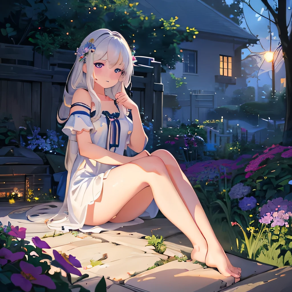 (best quality,4K,8K,high resolution,masterpiece:1.2),Very detailed,(Practical,photoPractical,photo-Practical:1.37),illustration,Soft Light,White hair girl,Deep purple eyes,Glowing eyes,sit down,barefoot,blush,Garden at night,Flowers.dew