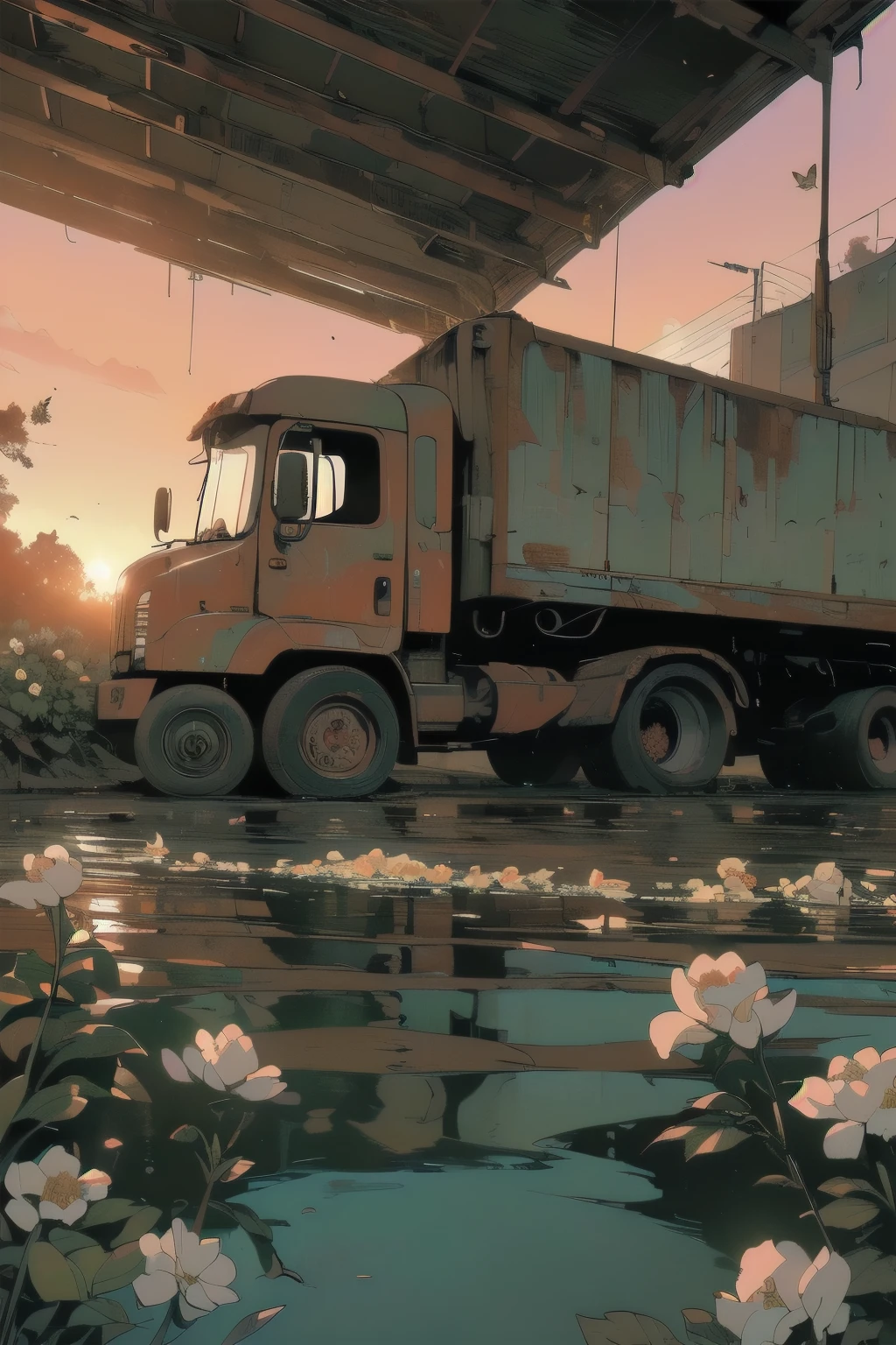 (((Masterpiece, Top Quality))), (((32K wallpaper))), detailed machinery, abandoned factory, stairwell, (((white flower field))), (((rusty white heavy truck))), gorgeous light leak, (((backlit))), detailed background, top quality, (((no humans))), collapsed heavy machinery, complex heavy machinery, pale lighting, (((very dull color )))), (((detailed rusty heavy truck))), (((lots of white flowers falling))), (((flowers growing out of rusty heavy truck))), (((lots of butterflies))), (((abandoned garage))), (((submerged))), (((waterfall falling from ceiling))), (((waterfall on heavy truck)))), (((( Bright red sunset))), (((detailed waterfall and water))), (((close up of heavy truck))