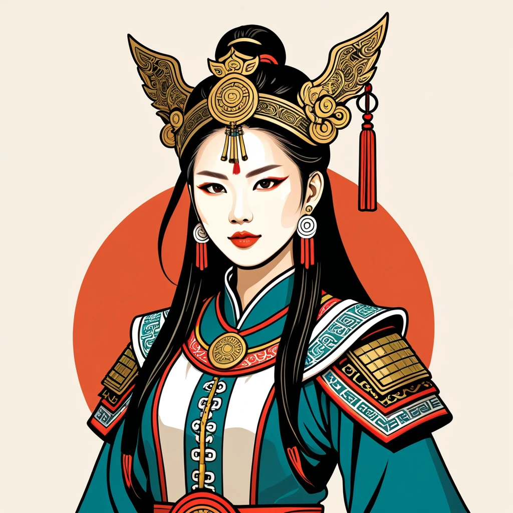 female warlord in taiwan folk outfit ,vector graphics, strong contours, logo design