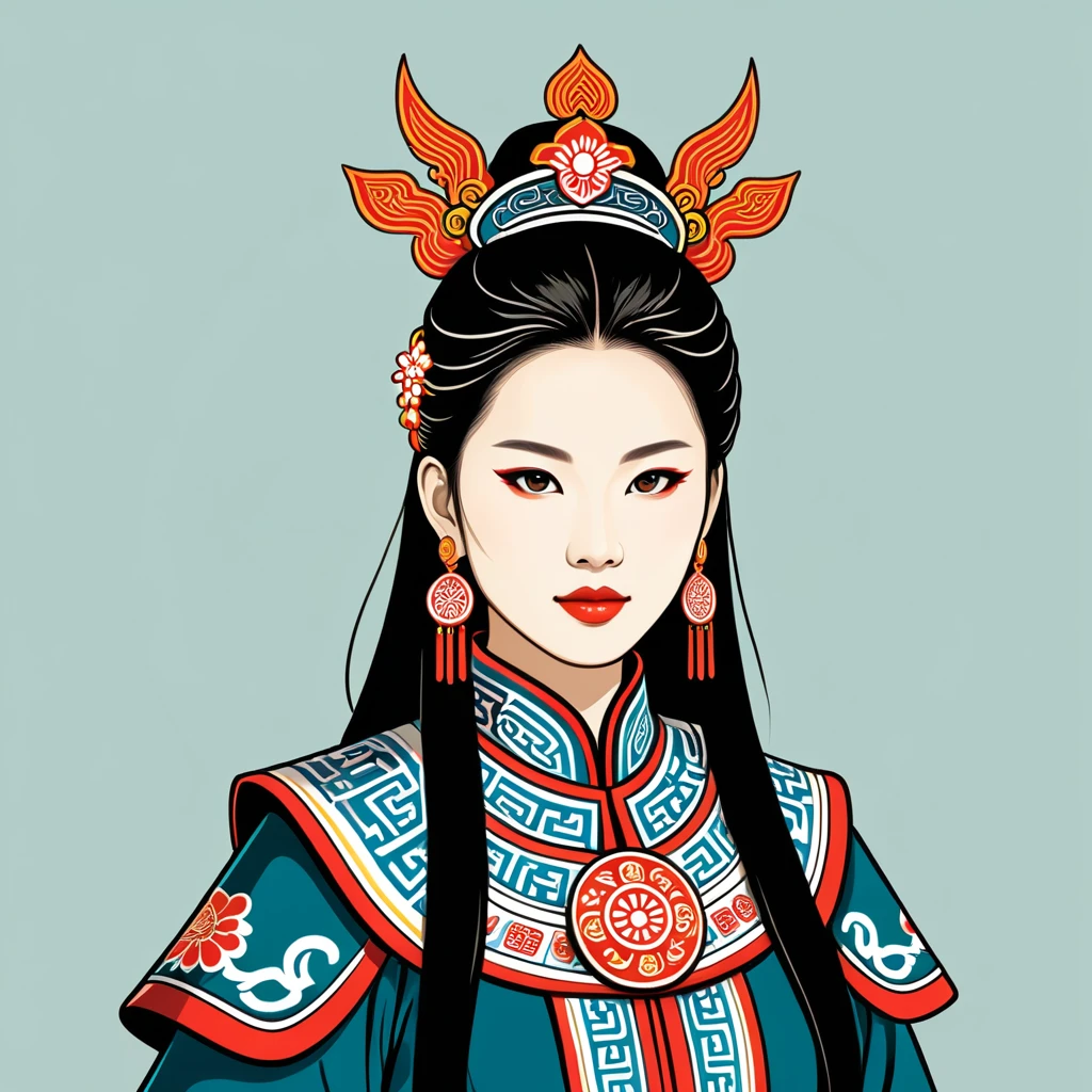female warlord in taiwan folk outfit ,vector graphics, strong contours, logo design