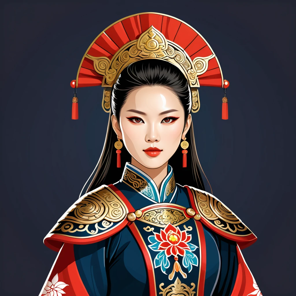 female warlord in taiwan folk outfit ,vector graphics, strong contours, logo design