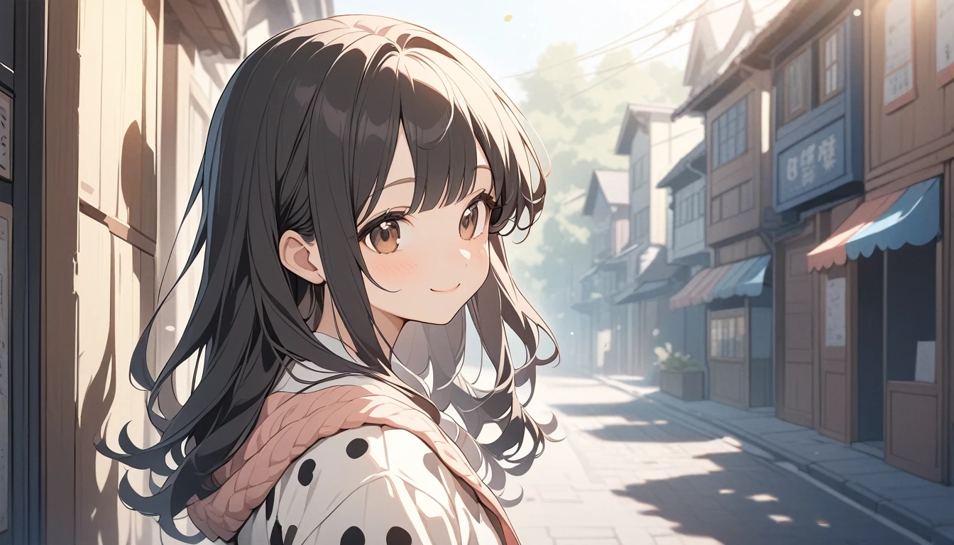 Anime Style, Very detailedなイラスト, Very detailed, beautiful, 8k, ( alone), So cute, smile,｛Plain,Plain cardigan｝, (Outdoor, Town Street) ,Black Hair,Long straight bangs, smile,Brown eyes, , From the side ,(Spotted sunlight:1.2),Blurred,(Written boundary depth:1.1),Tilt your head,(Thigh-high socks:1.3),(Upper Body:1.3)