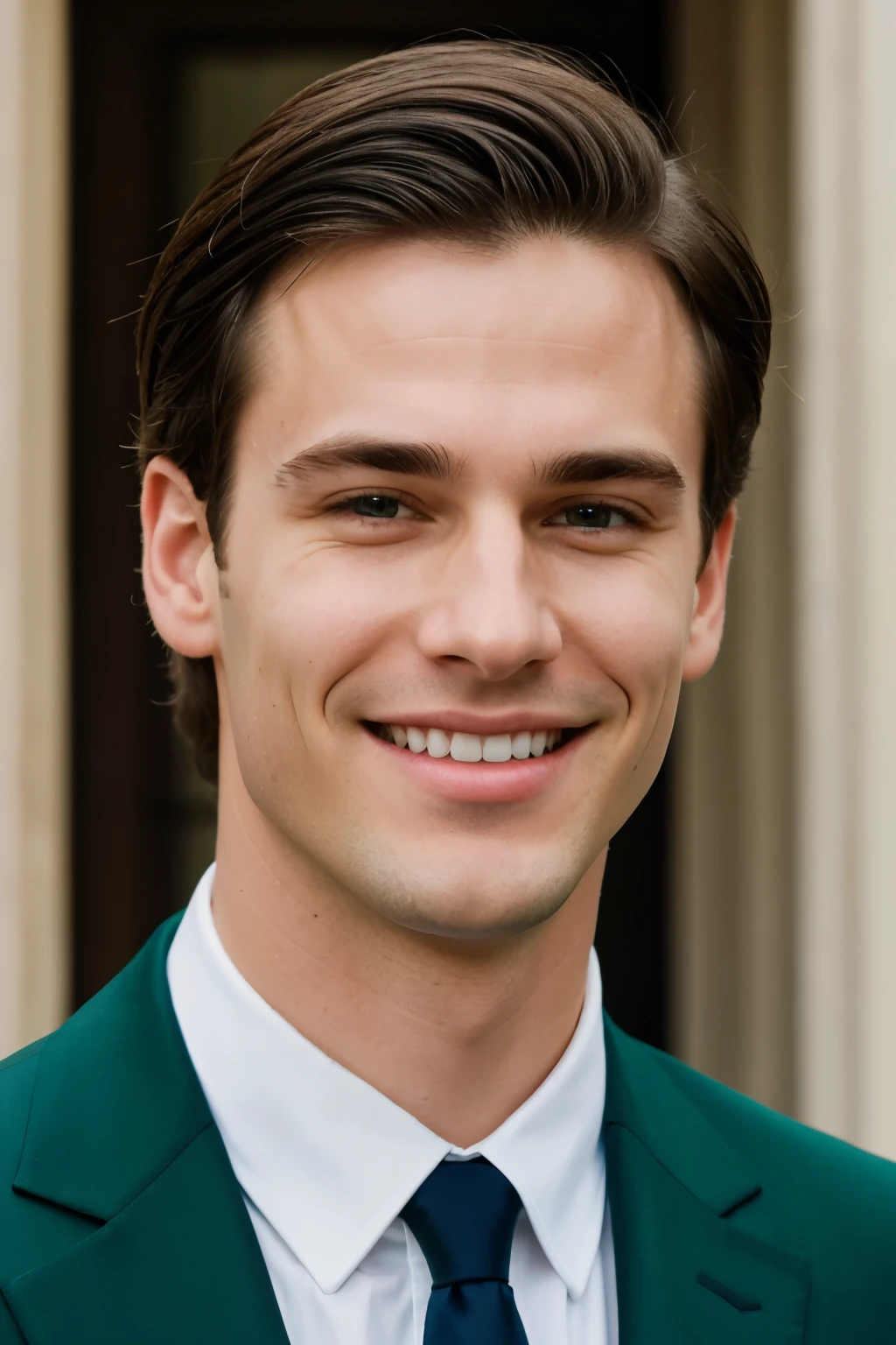 elongated face of young caucasian guy big smile, black hair, without glasses, with dark gray-blue eyes, straight and long thin nose, without beard, without mustache, in green suit