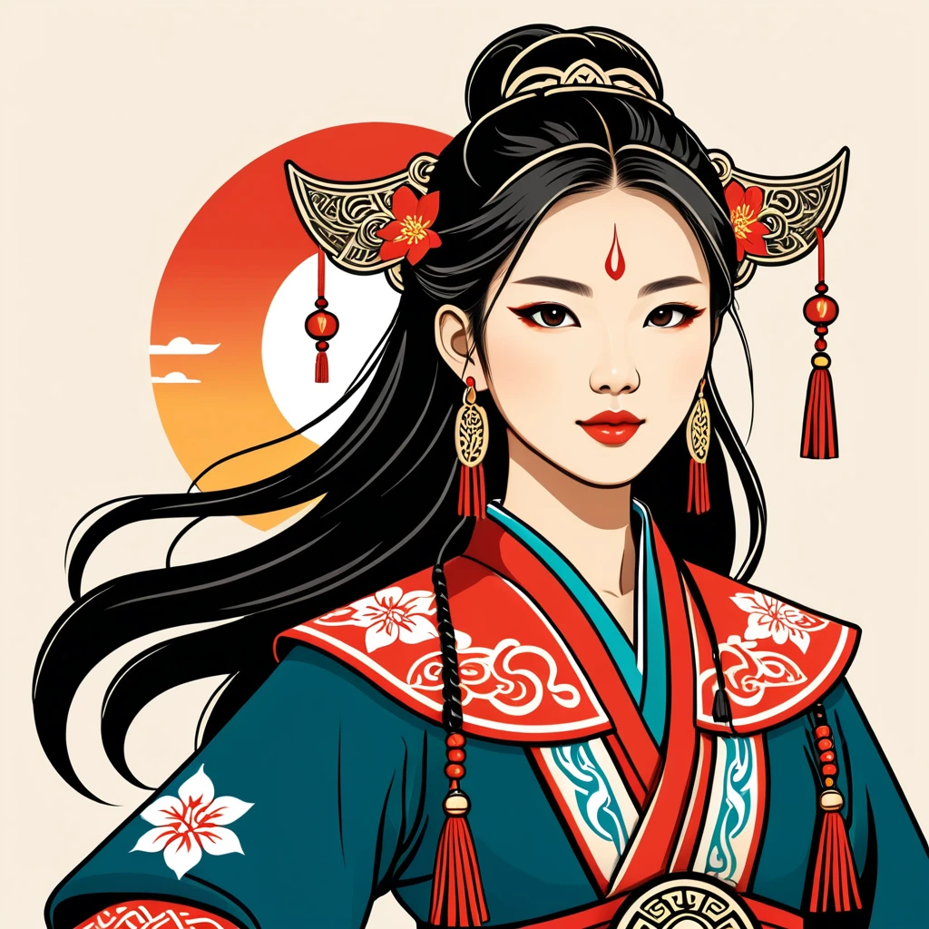 female warmage in taiwan folk outfit ,vector graphics, strong contours, logo design