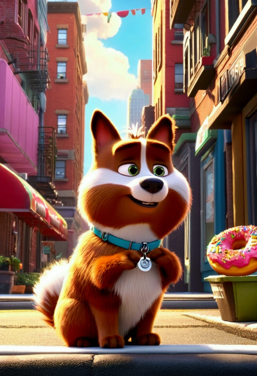 Eating Donuts, The Secret Life of Pets, full body, cinematic still, (best quality, masterpiece, photorealistic), very aesthetic, perfect composition, intricate details, ultra-detailed, vivid colors