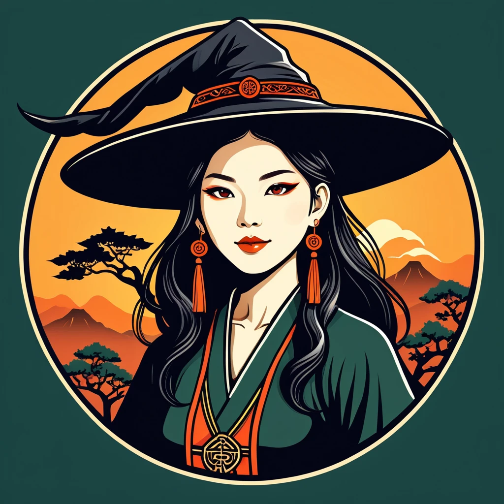 female witch in taiwan folk outfit ,vector graphics, strong contours, logo design