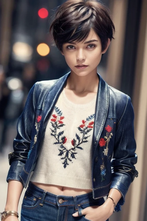 masterpiece, high quality,1girl,solo,middle breast , short hair, (hair between eyes),(00BFFE pixie cut), Disappointed face,(Embroidered sweater, Cropped flare jeans, Leather blazer)