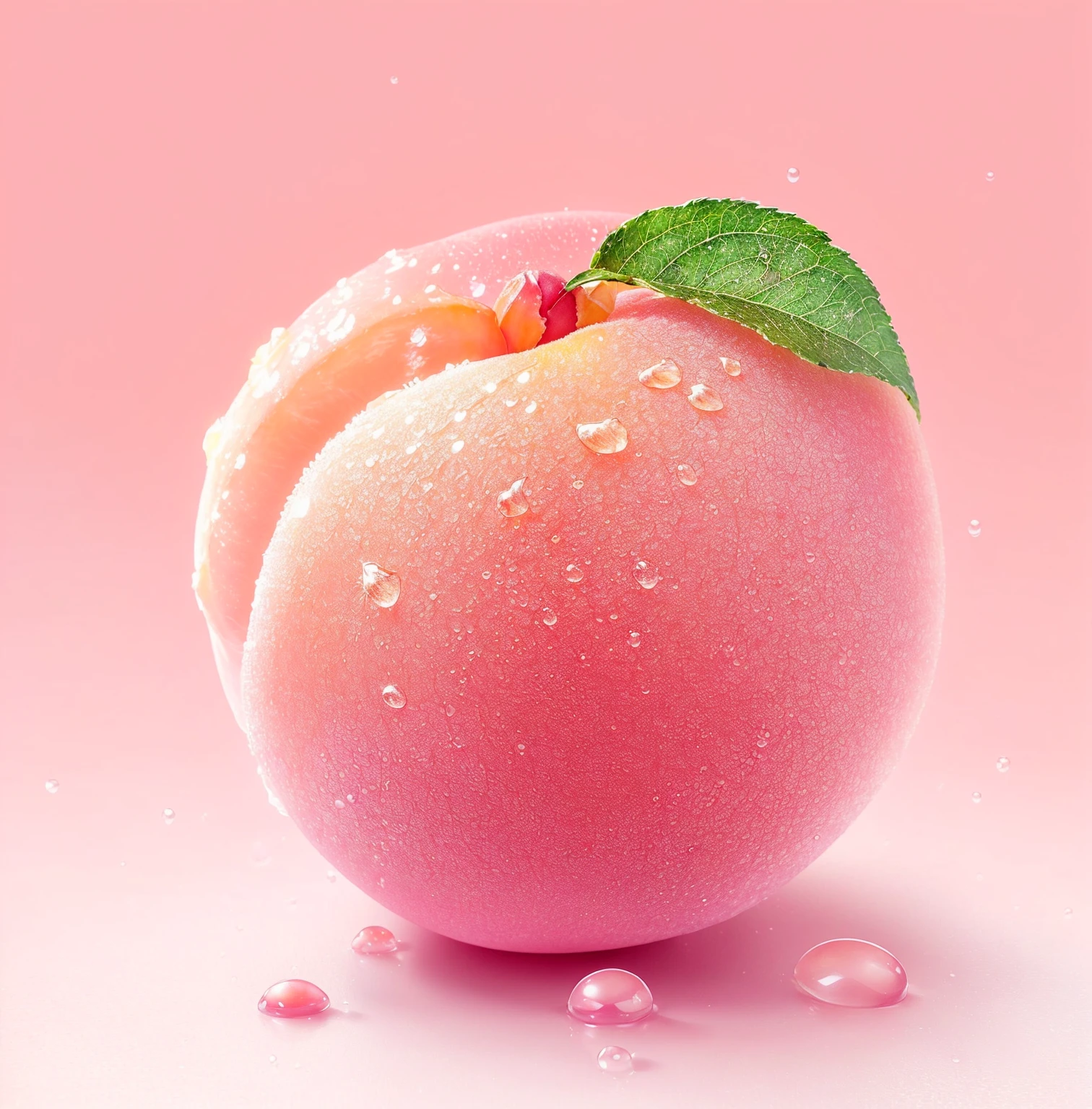 peach with water droplets on it and a leaf on top, a human-like juicy peach, peach, Realistic illustrations, glowing peach face, ultra realistic 3d illustration, Authorjeonseok lee, Hyperrealistic illustrations, professional fruit photography, Surreal illustration, Surreal illustration, Fairy Fruit. Octane Rendering, Hyper-realistic food pictures, in shades of peach, peaches