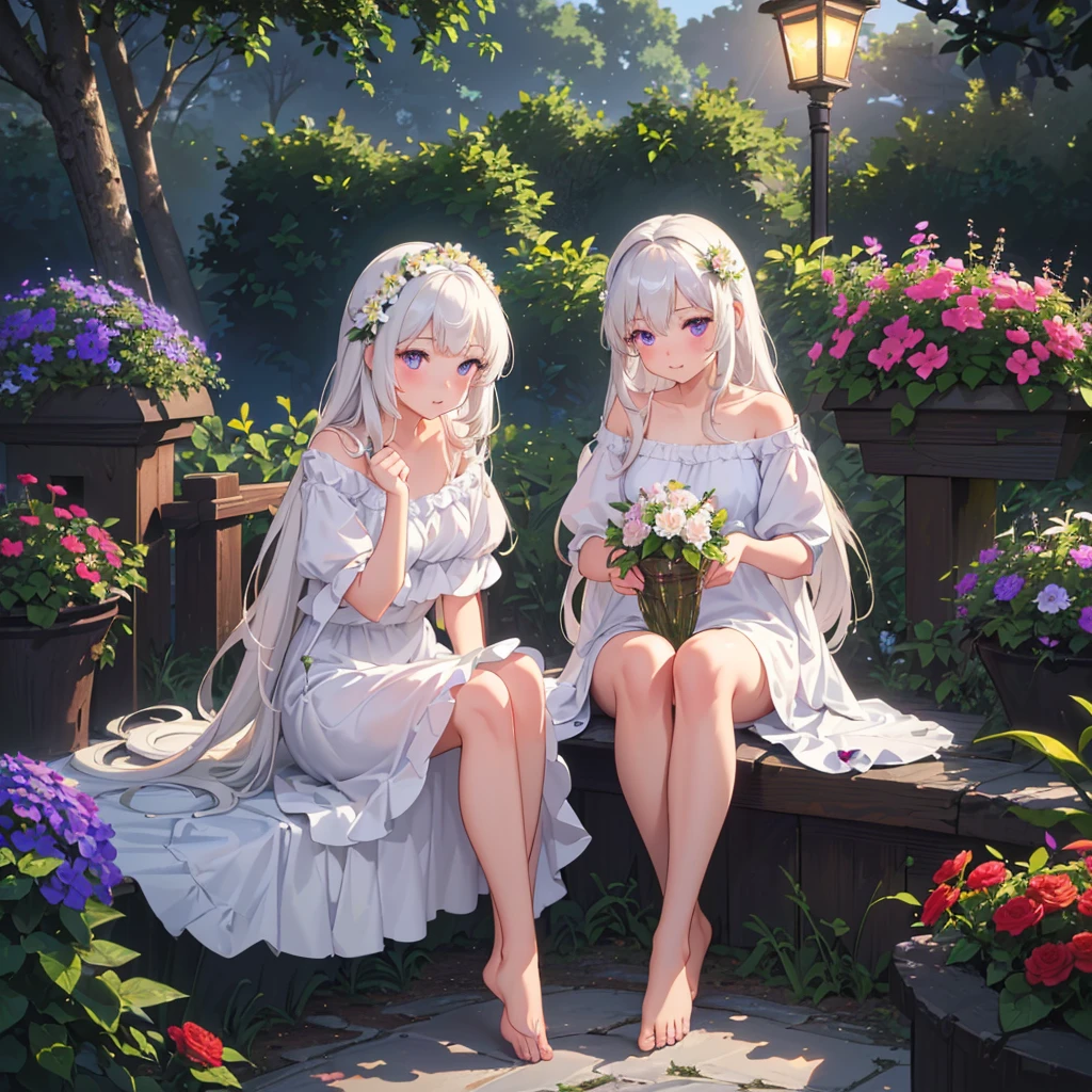 (best quality,4K,8K,high resolution,masterpiece:1.2),Very detailed,(Practical,photoPractical,photo-Practical:1.37),illustration,Soft Light,White hair girl,Deep purple eyes,Glowing eyes,sit down,barefoot,blush,Garden at night,Flowers.dew