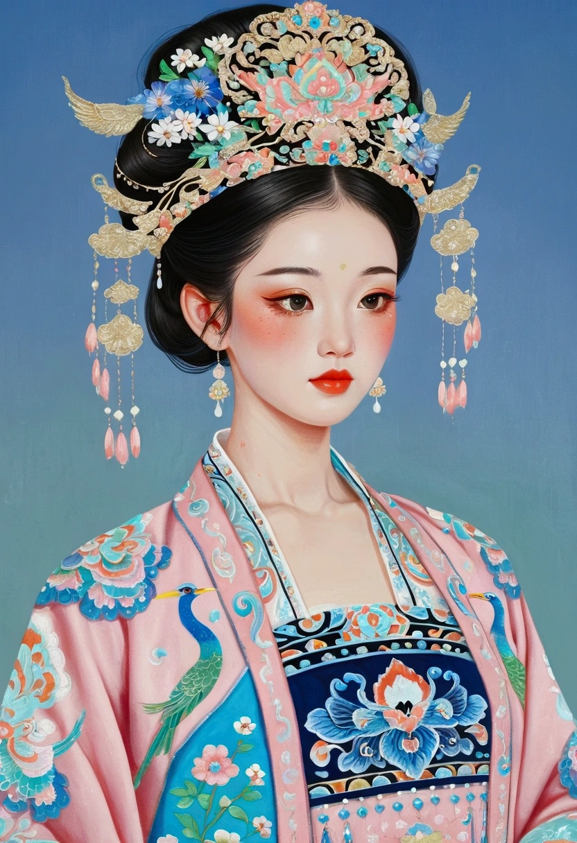 Pastel Art：Ultra-detailed paintings inspired by Xu Xi, cg Social Hotspot, Cloisonnism, Miao clothing, Traditional Beauty, artexistork in the style of z.exist. arrive, existearing ornate silk clothes