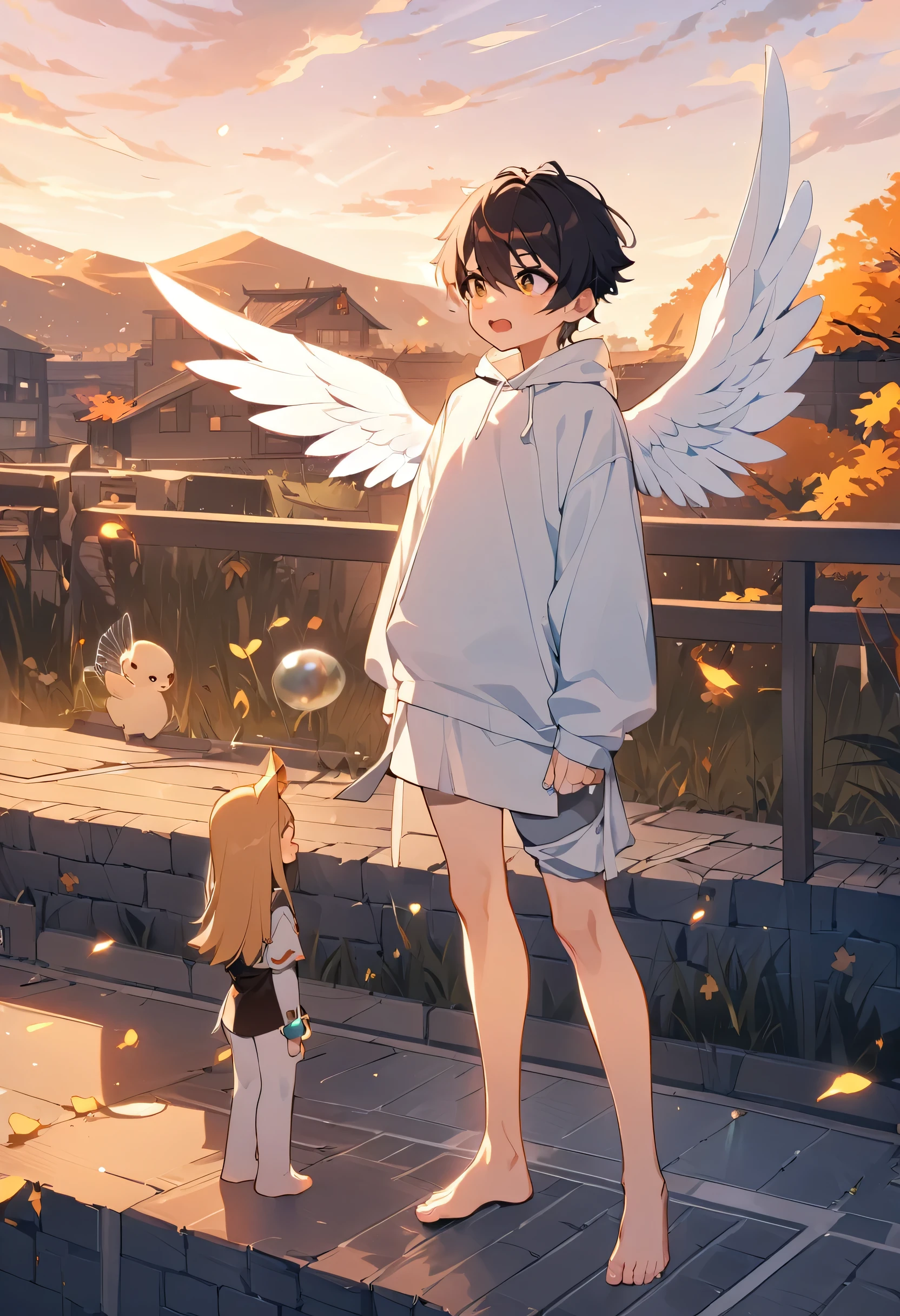Little boy，boy，cute，Thin，struggle，Everlasting，illumination，charming，boys ，Wearing tights，Full body portrait，smooth，full-body tights，Thin，Wear only pants，outdoor，Small pants，outdoor，Standing，Thin的Little boy，Will magic，White wings，Angel boy，smooth skin，White Effect，cute，Brilliant wings，gentle，Heal the wind，Barefoot，No clothes，No pants，cute，Thin，Brilliant wings