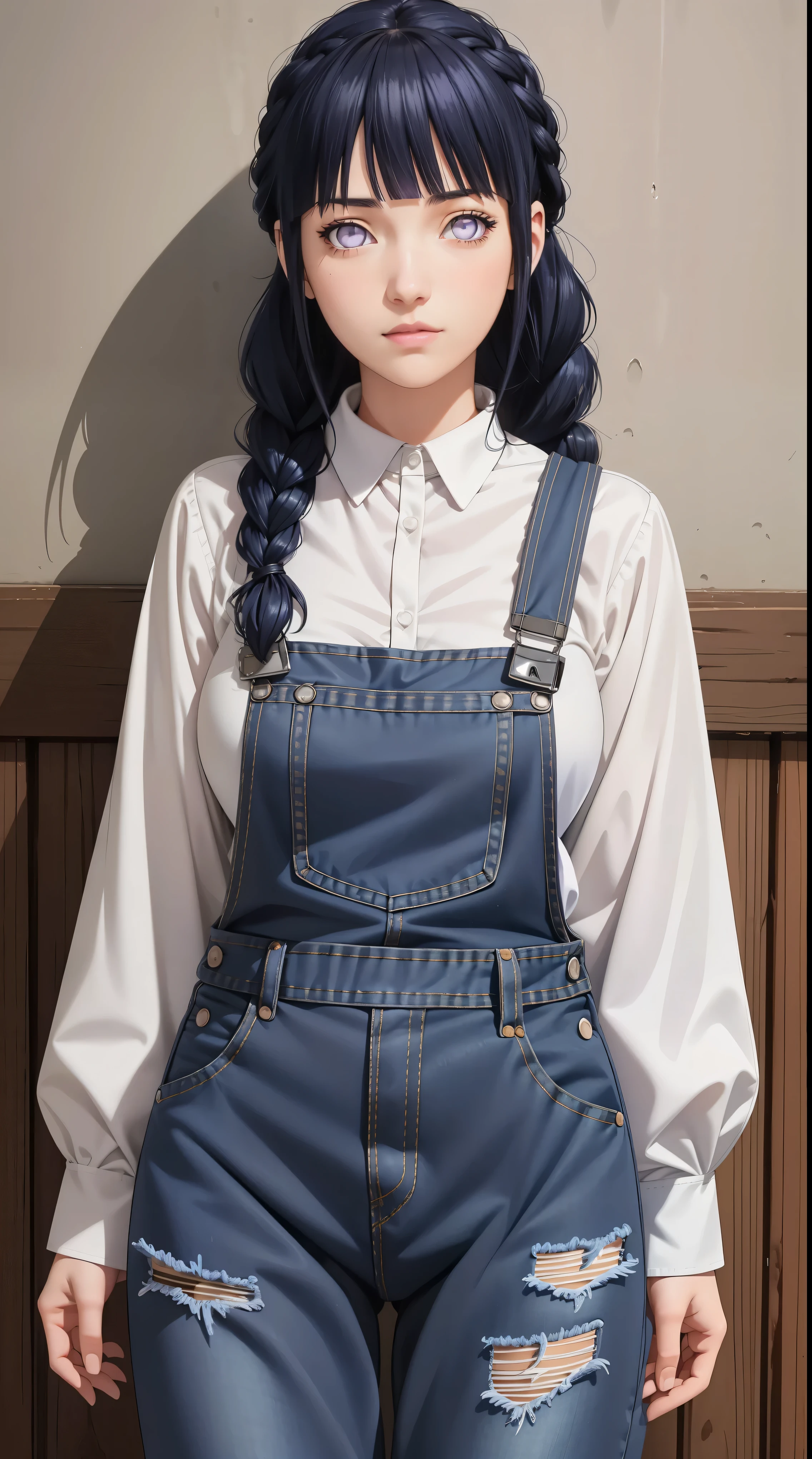 masterpiece, best quality, ultra-detailed, illustration,1girl,
long hair, dark blue hair, french braid, purple eyes, blunt bangs,
shirt, (denim overalls:1.1),
medium breast,
looking at viewer, hinata\(shippuden\)