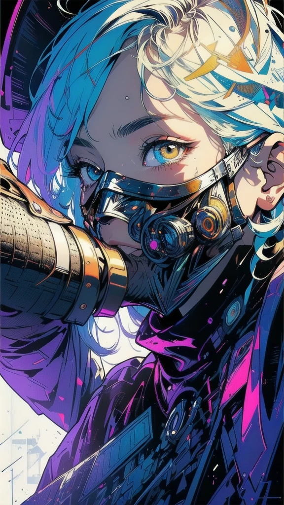 (((masterpiece, highest quality))),(((solo:1.2))),(((1girl:1.2))),32k wallpaper, very detailed, poster, vintage science fiction,((bauhaus)),(shape),(((abstract))),(mid century modern),(((((portfolio))))),(((((Close-up))))),(((((bust up))))),((((more various angle)))),((((highlight)))),((((heterochromia)))),(((complete. detailed face))),((((Extremely talented)))),(((((most complecated all cover mask))))),(Colorful color scheme),(((detailed unlimited complete equipment : shining Artificial eye))),(((((Absolutely simple background))))),(((texture : halftone))),(((Hold your mouth with your hand)))