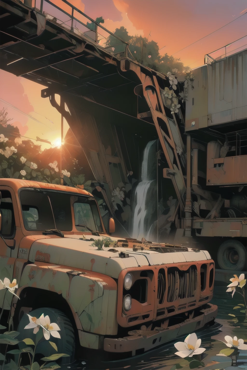 (((Masterpiece, Top Quality))), (((32K wallpaper))), detailed machinery, abandoned factory, stairwell, (((white flower field))), (((rusty heavy truck))), gorgeous light leak, (((backlit))), detailed background, top quality, (((no humans))), collapsed heavy machinery, complex heavy machinery, pale lighting, (((very dull color )))), (((detailed rusty heavy truck))), (((lots of white flowers falling))), (((flowers growing out of rusty heavy truck))), (((lots of butterflies))), (((abandoned garage))), (((submerged))), (((waterfall falling from ceiling))), (((waterfall on heavy truck)))), (((( Bright red sunset))), (((detailed waterfall and water))), (((close up of heavy truck))