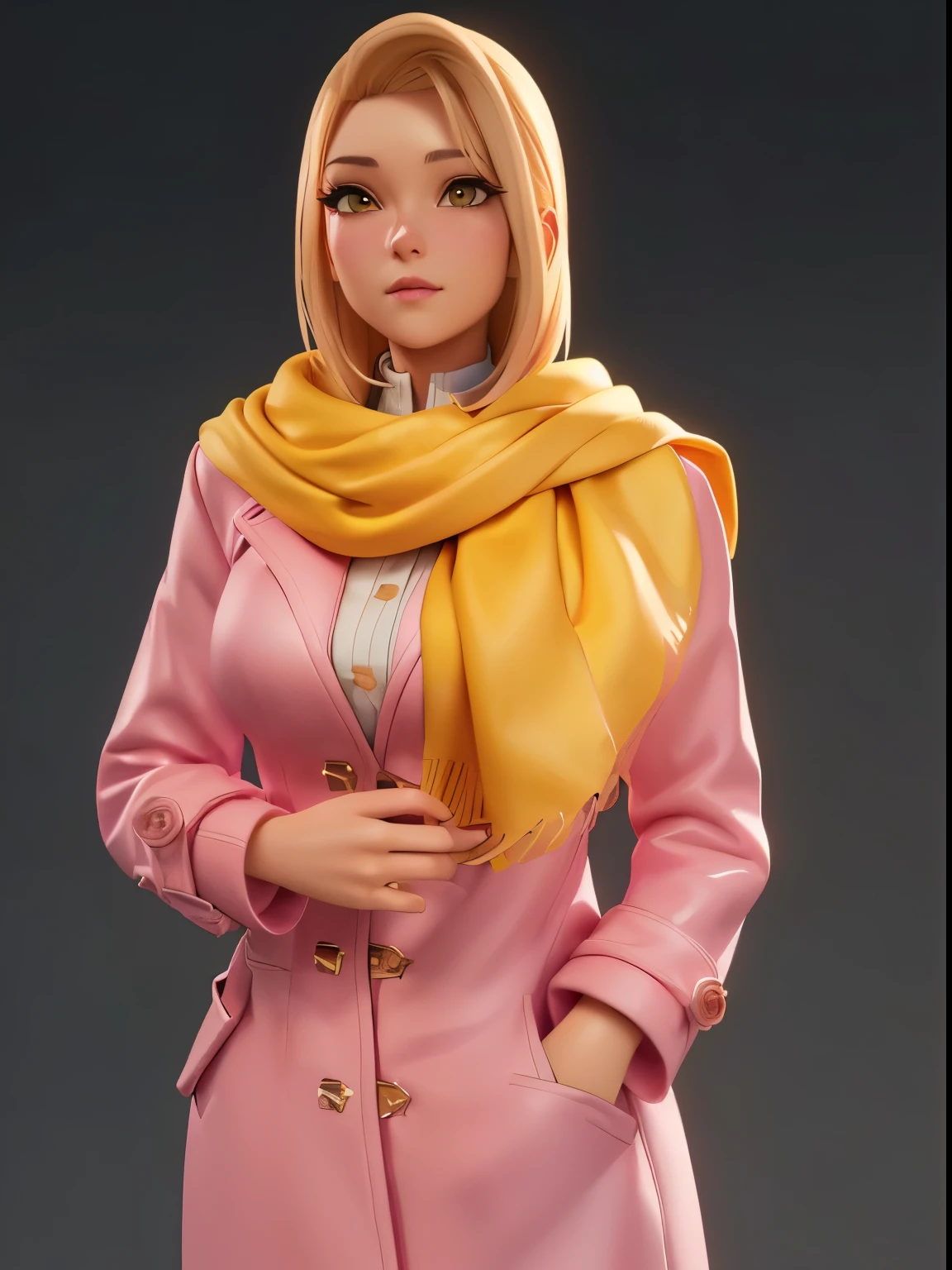 a close up of a woman in a pink coat and yellow scarf, female character, female lead character, 3d character realistic, 3 d render character art 8 k, realistic character concept, close up character, highly detailed character, 3 d render stylized, for hire 3d artist, 3 d character art, unrealistic character concept, stylized character, 3d character