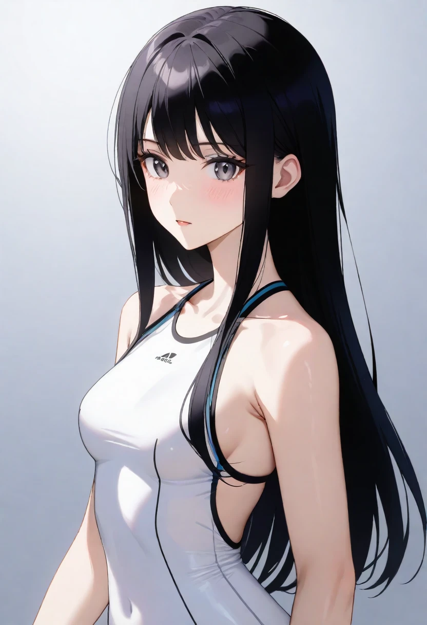 Long smooth  black hair with white peekaboo highlights  

, grey eyes

, Slender and athletic built

, Average height

,8k, Best quality
