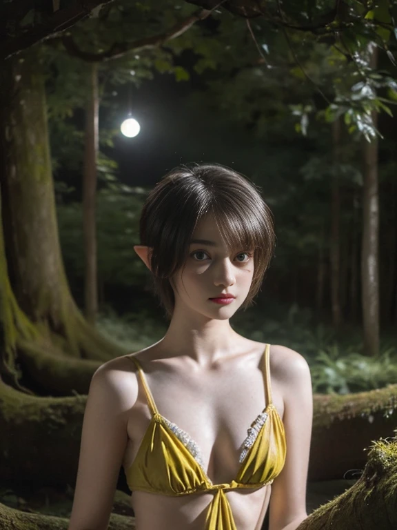 15 year old girl, short hair, yellow color, elf face slavic, freckles on the face, Skinny body, small bust, scantily clad, sitting on a tree trunk, in the forest at night, the sky full of stars