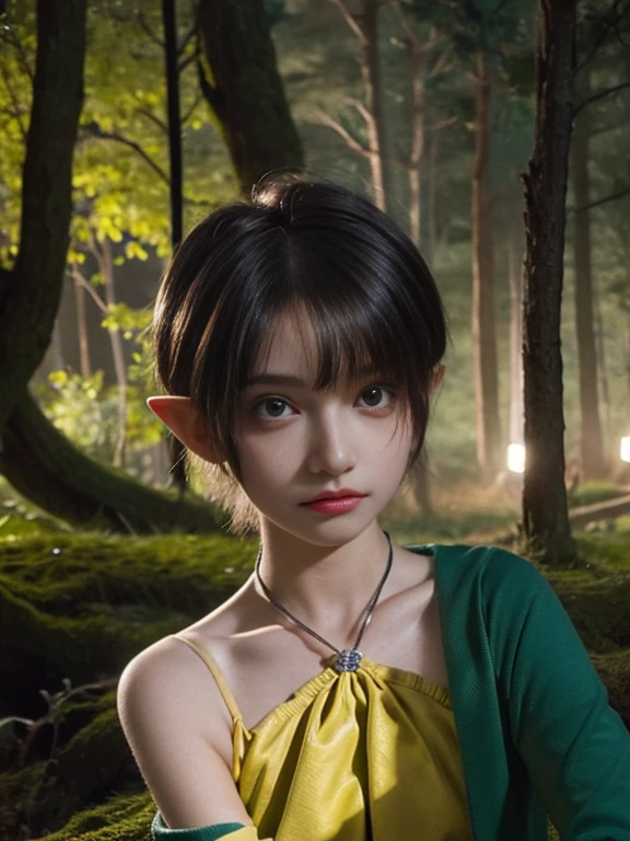 15 year old girl, short hair, yellow color, elf face slavic, freckles on the face, Skinny body, small bust, scantily clad, sitting on a tree trunk, in the forest at night, the sky full of stars