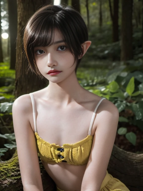 (masterpiece, best quality, highres), 1girl, (((-yeld)))olo, black hair, long hair, straight hair, blunt bangs, grey eyes, flat chest, narrow waist, young, pale skin, fantasy, elf, pointy ears, green tunic, leather belt, long sleeves, see-through sleeves, lace trim, outdoors, forest, dappled sunlight, tree shade, sittingl, happy, parted lips, light smile, humming, flock, leaf hair ornament, detached sleeves, looking at viewer, portrait, ((topless)), ((naked)), (small head)