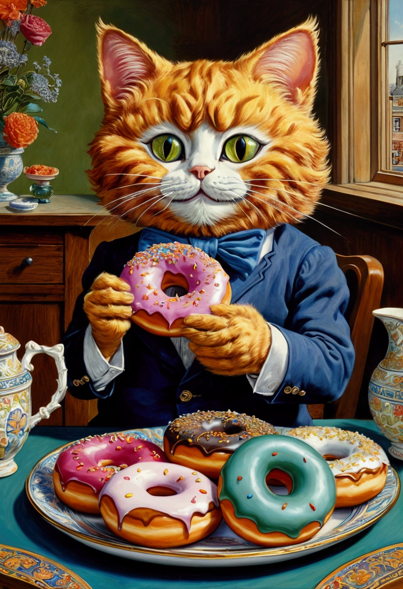 Eating Donuts, by Richard Scarry, full body, cinematic still, (best quality, masterpiece, photorealistic), very aesthetic, perfect composition, intricate details, ultra-detailed, vivid colors