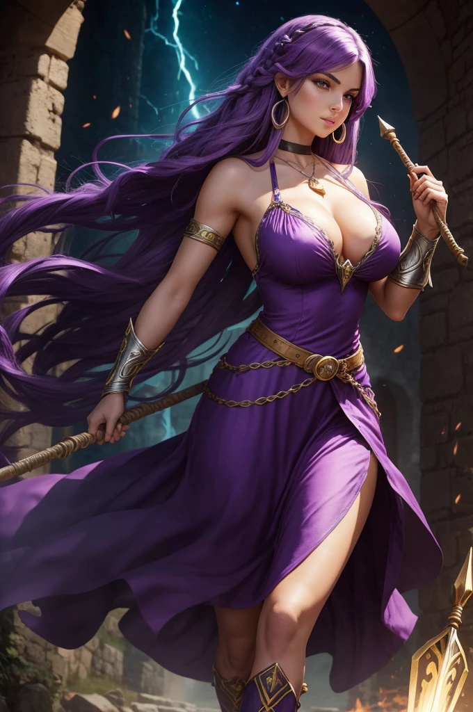 Beautiful Caucasian woman. Fit body. Big round breasts. Just one woman. Alone. Western woman. Long hair with 1 braid. Purple hair. Bright purple eyes. Woman cosplaying as the character Yellow Sorceress from the game Gauntlet Dark Legacy. She is wearing a purple dress with straps and a large neckline on her breasts, the dress has a knee-length skirt with a neckline on the side of the leg. She is wearing a necklace with purple stones and silver hoop earrings. Purple high-heeled boots. White belt at the waist. She is in a medieval village on fire at night. She is holding a witch's staff with a purple stone on the tip. Dynamic light. Dynamic shadows. High resolution.