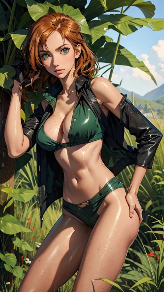 (lifelike, high - resolution:1.3), 1 girl with a perfect body,slender body, Super fine face and eyes,assasin, green eyes, dark makeup, shiny skin, light brown orangey hair, (toned stomach),Expose cleavage, (athletic body, toned stomach, wet skin), (post apocalyptic future, jungle wasteland. torn clothes), (wet skin, shiny skin), large breasts