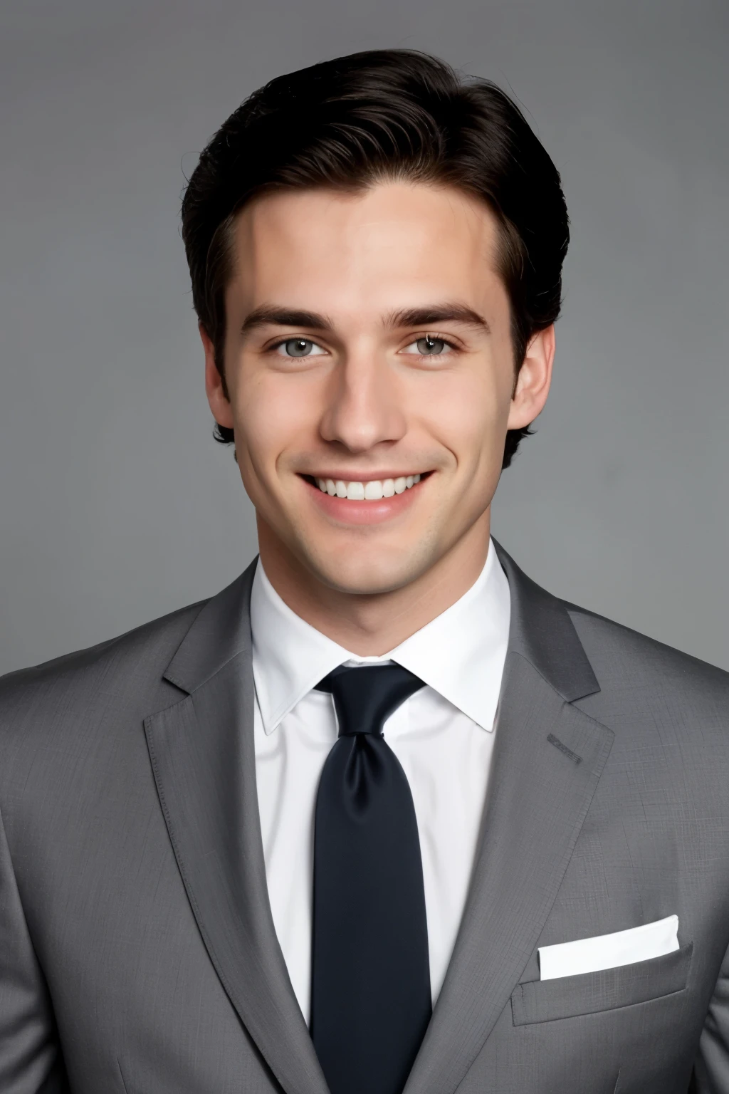 elongated face of young caucasian guy with big smile, black hair, without glasses, with dark gray-blue eyes, straight and long thin nose, without beard, without mustache, in gray suit