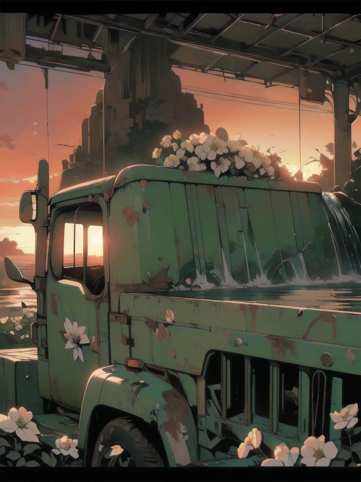 (((Masterpiece, Top Quality))), (((32K wallpaper))), detailed machinery, abandoned factory, stairwell, (((white flower field))), (((rusty white heavy truck))), gorgeous light leak, (((backlit))), detailed background, top quality, (((no humans))), collapsed heavy machinery, complex heavy machinery, pale lighting, (((very dull color )))), (((detailed rusty heavy truck))), (((lots of white flowers falling))), (((flowers growing out of rusty heavy truck))), (((lots of butterflies))), (((abandoned garage))), (((submerged))), (((waterfall falling from ceiling))), (((waterfall on heavy truck)))), (((( Bright red sunset))), (((detailed waterfall and water))), (((close up of heavy truck))